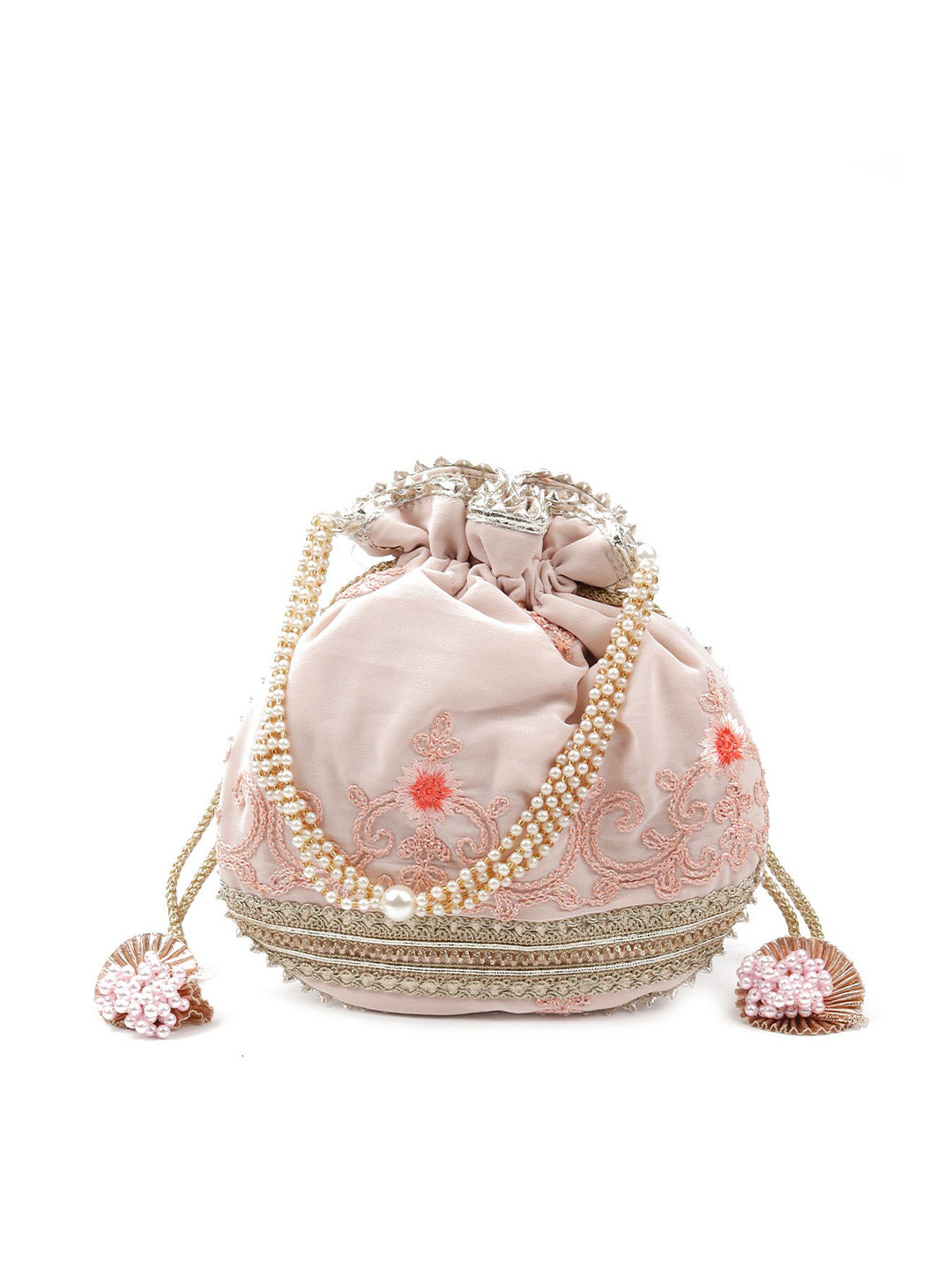 ODETTE Embroidered Potli Clutch With Wrist Loop, Off white 
ODETTE Embroidered Potli Clutch With Wrist Loop, Off white