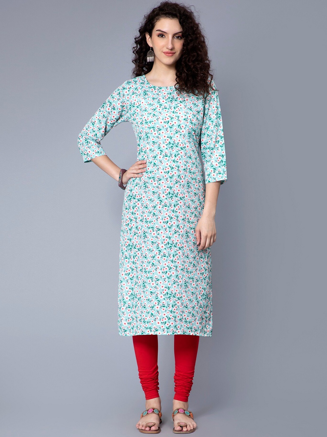 Nirkhi Floral Printed Straight Kurta, Turquoise blue