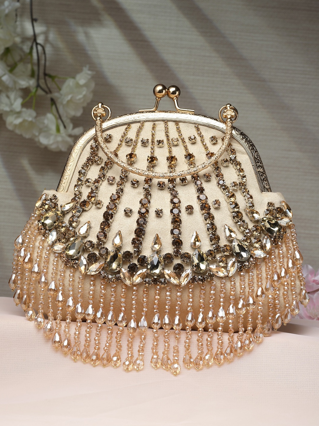 Anekaant Embellished Tasselled Box Clutch, Nude