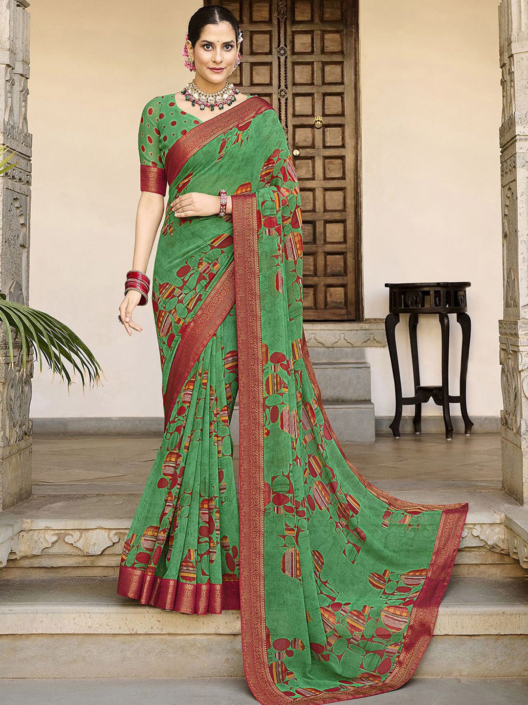Mitera Green & Red Geometric Printed Poly Georgette Saree