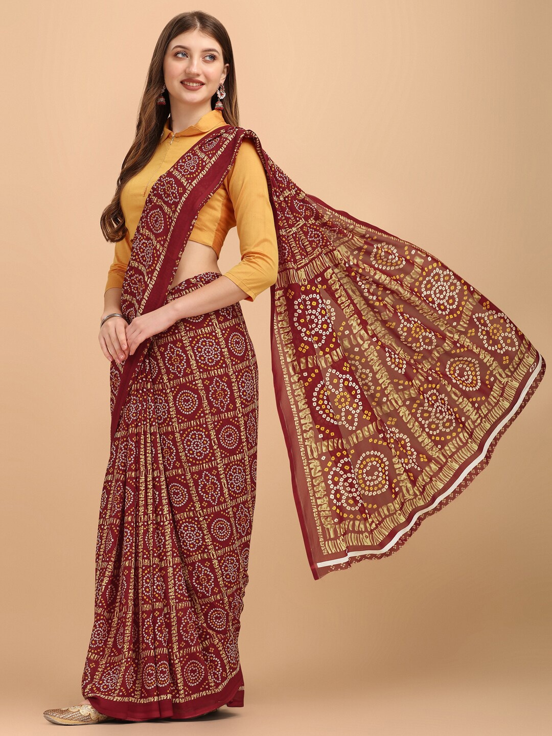 Ishin Bandhani Pure Georgette Saree, Maroon