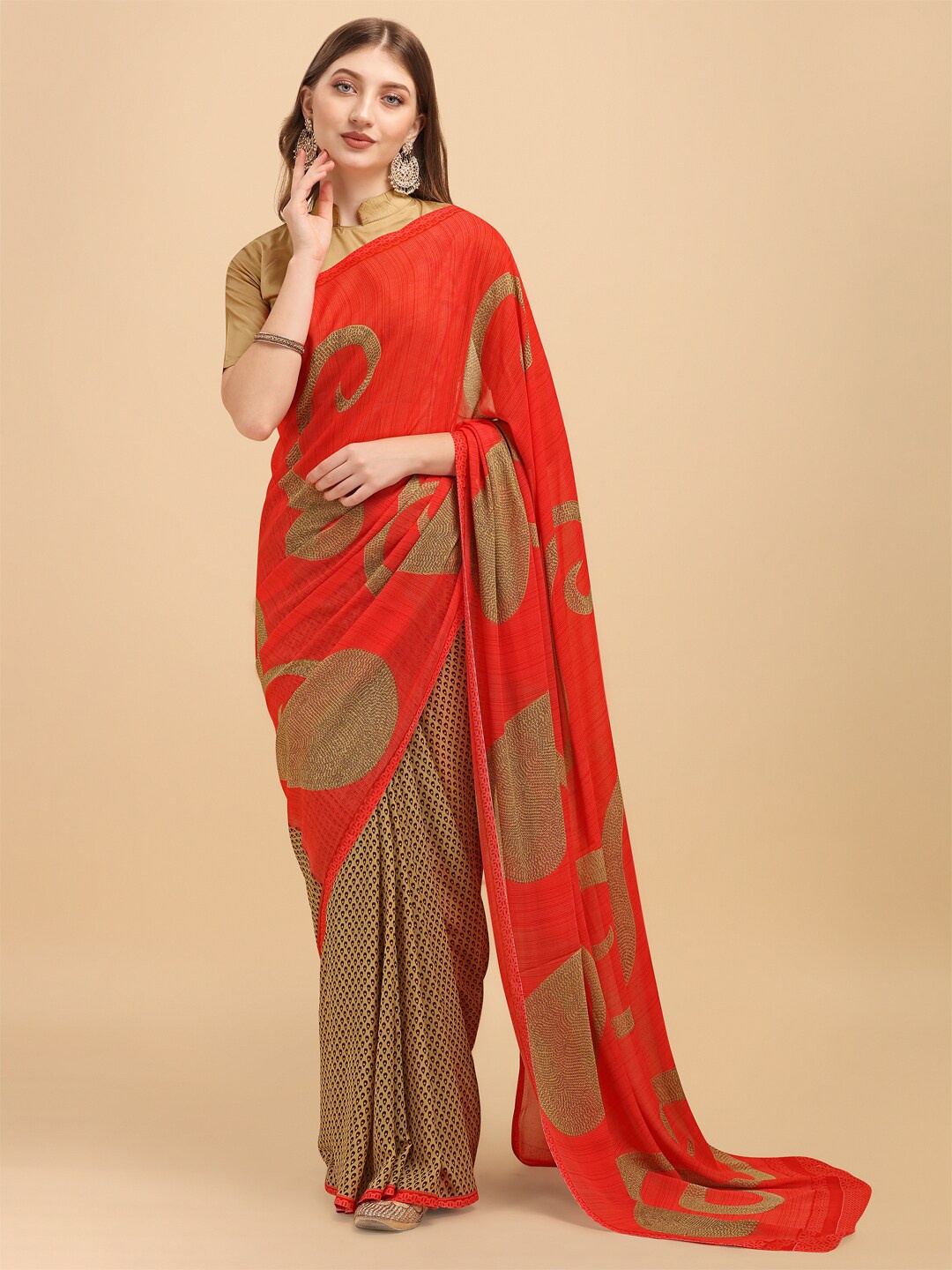 Ishin Paisley Printed Pure Georgette Saree, Red