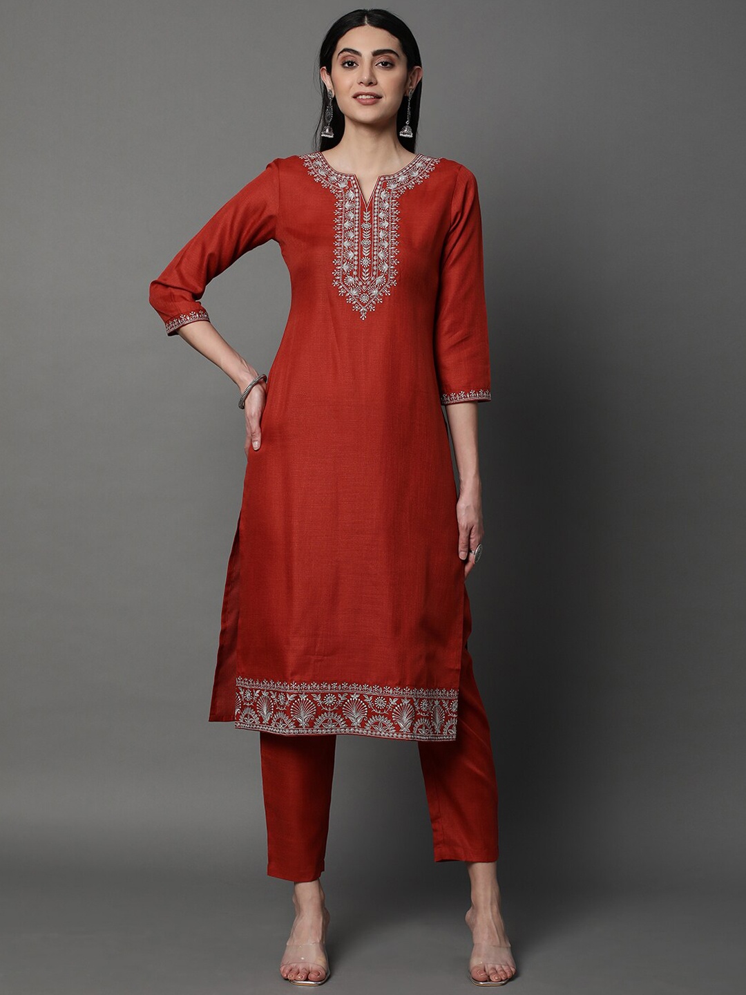 HEEPOSH Floral Embroidered Notched Neck Straight Kurta with Trousers & Dupatta, Rust
HEEPOSH Floral Embroidered Notched Neck Straight Kurta with Trousers & Dupatta, Rust
