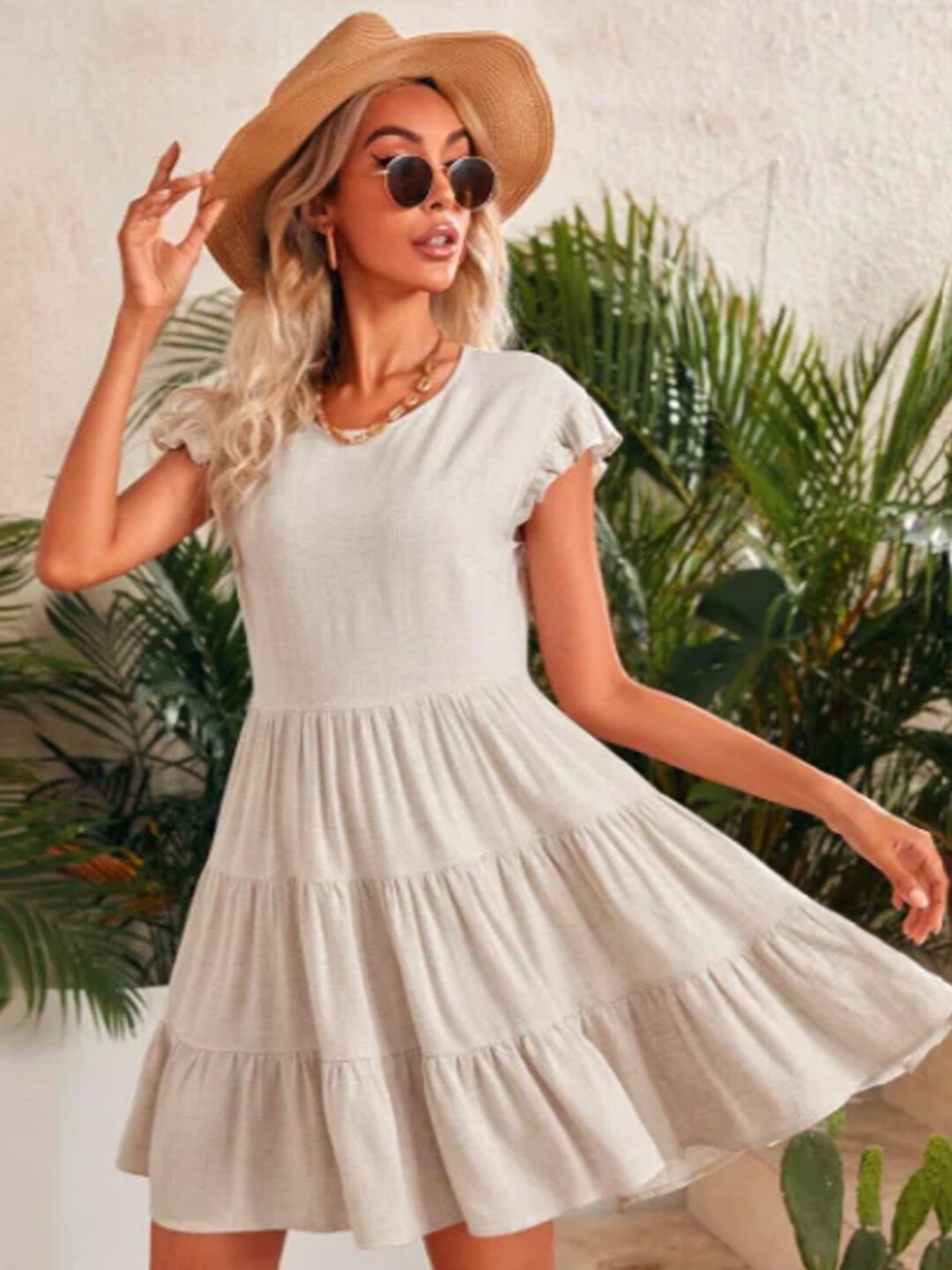 Styched Round Neck Ruffled Linen Fit & Flare Mini Dress, Beige