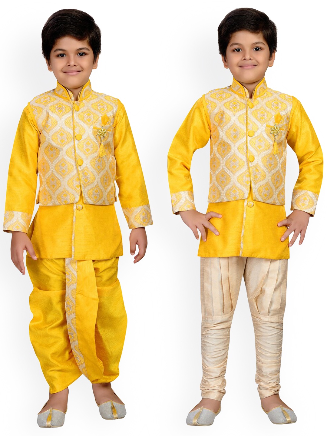 Aj DEZInES Boys Ethnic Motifs Kurta with Dhoti Pants & Waistcoat, Yellow