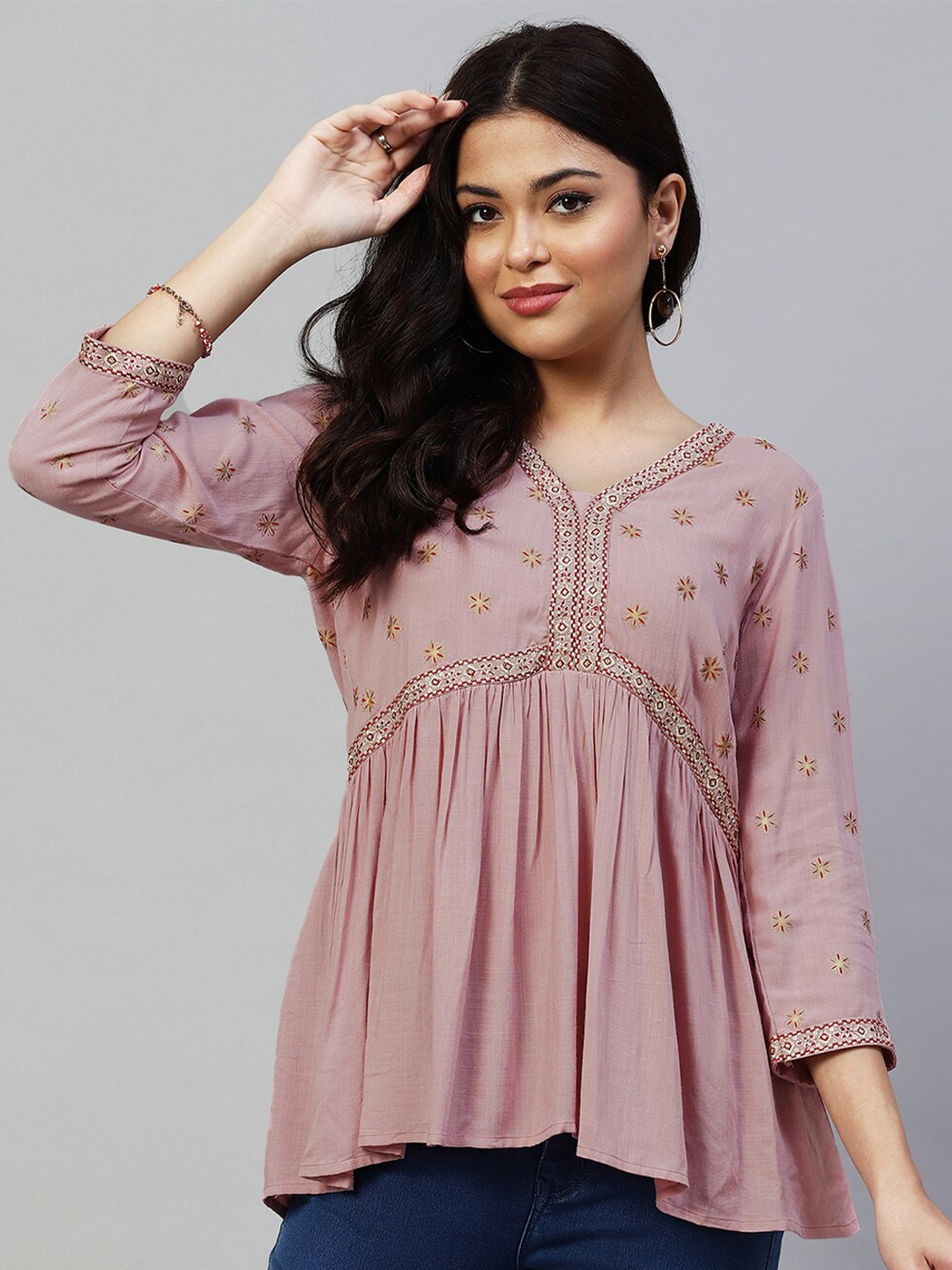 Selvia Floral Embroidered Gathered Or Pleated Regular Top, Mauve