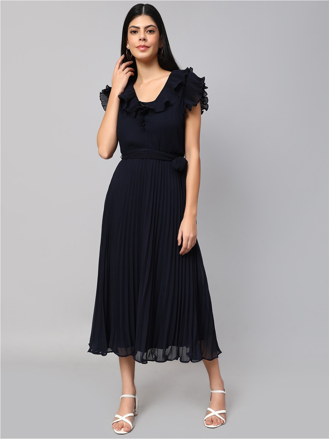 Amagyaa V-Neck Flutter Sleeve Ruffled Accordion Pleated Fit & Flare Midi Dress, Navy blue
Amagyaa V-Neck Flutter Sleeve Ruffled Accordion Pleated Fit & Flare Midi Dress, Navy blue