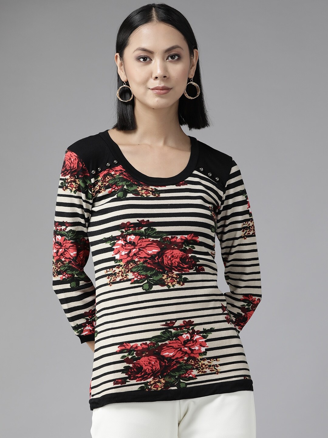 BAESD Striped Round Neck Woollen Top, Black