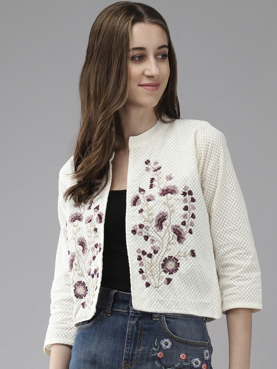 BAESD Self Design Floral Embroidered Mandarin Collar Cotton Crop Open Front Jacket, Cream
BAESD Self Design Floral Embroidered Mandarin Collar Cotton Crop Open Front Jacket, Cream