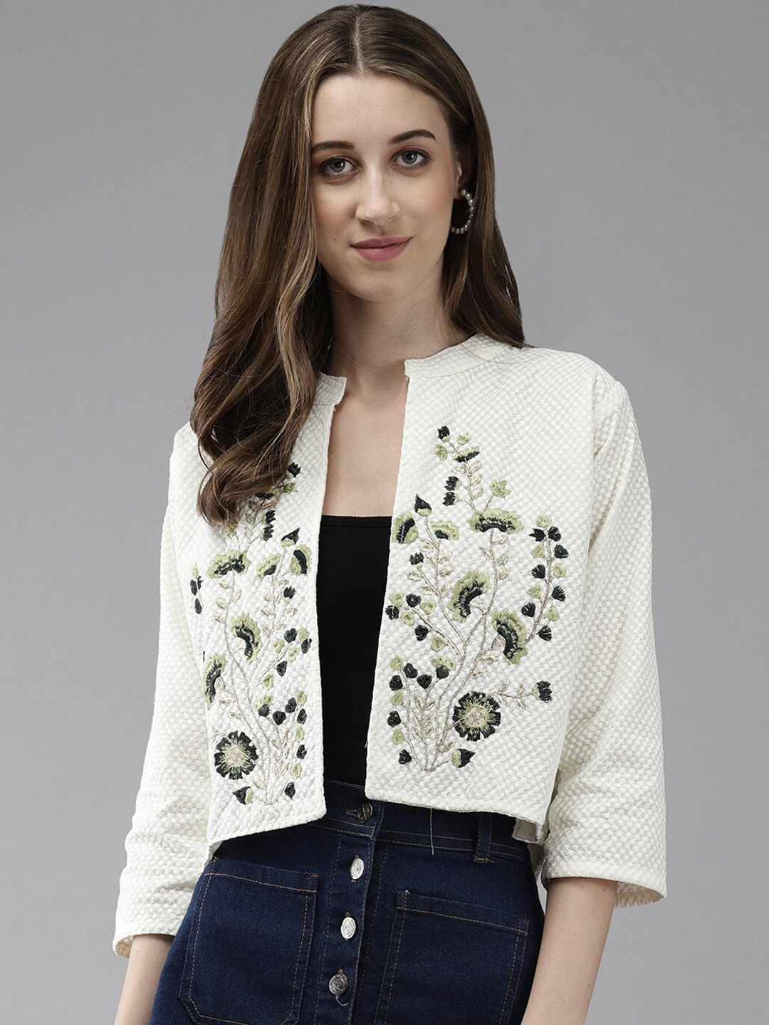 BAESD Floral Embroidered Crop Cotton Ethnic Shrug, Green