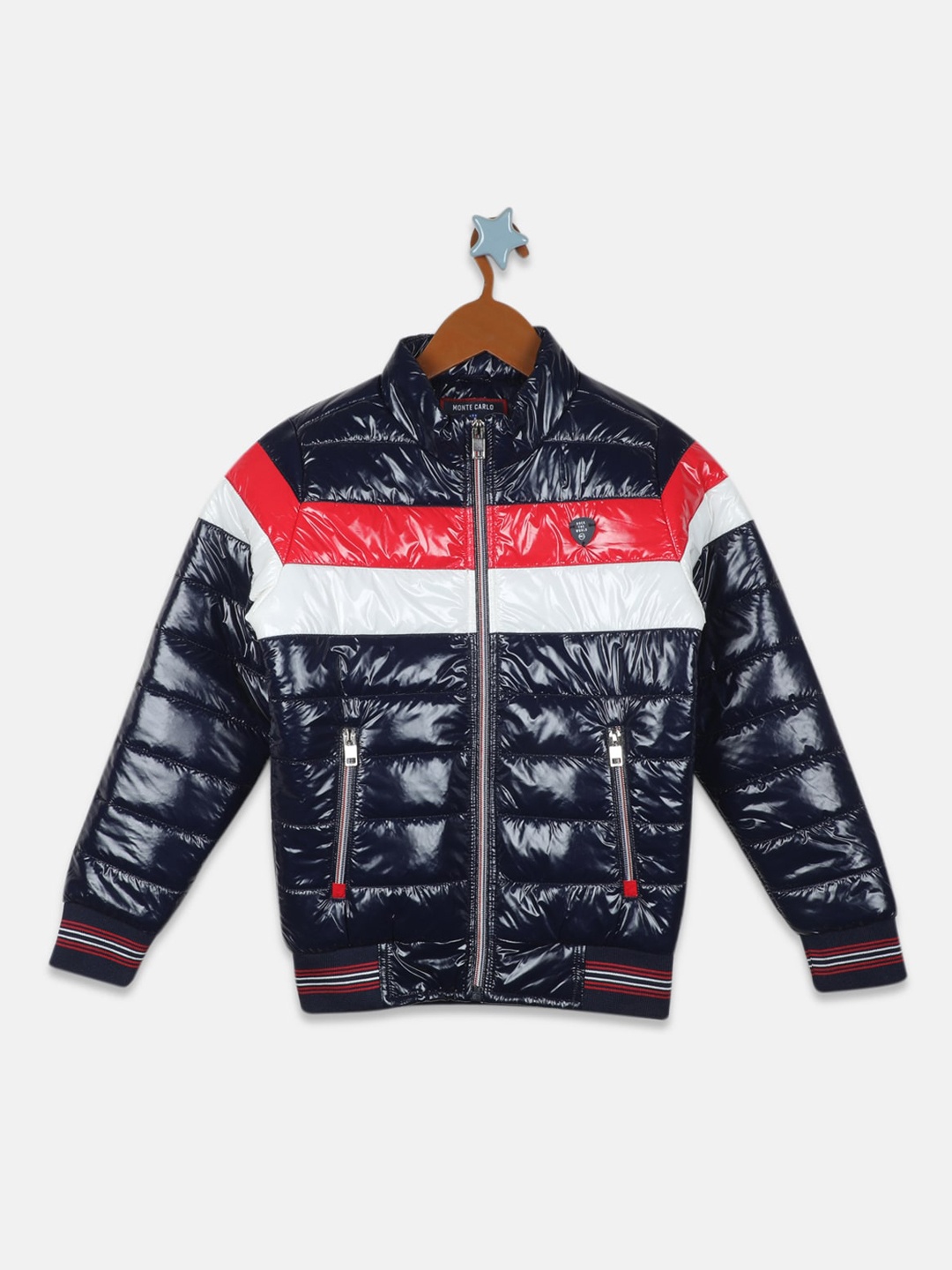 Monte Carlo Colourblocked Stand Collar Bomber Jacket, Blue
