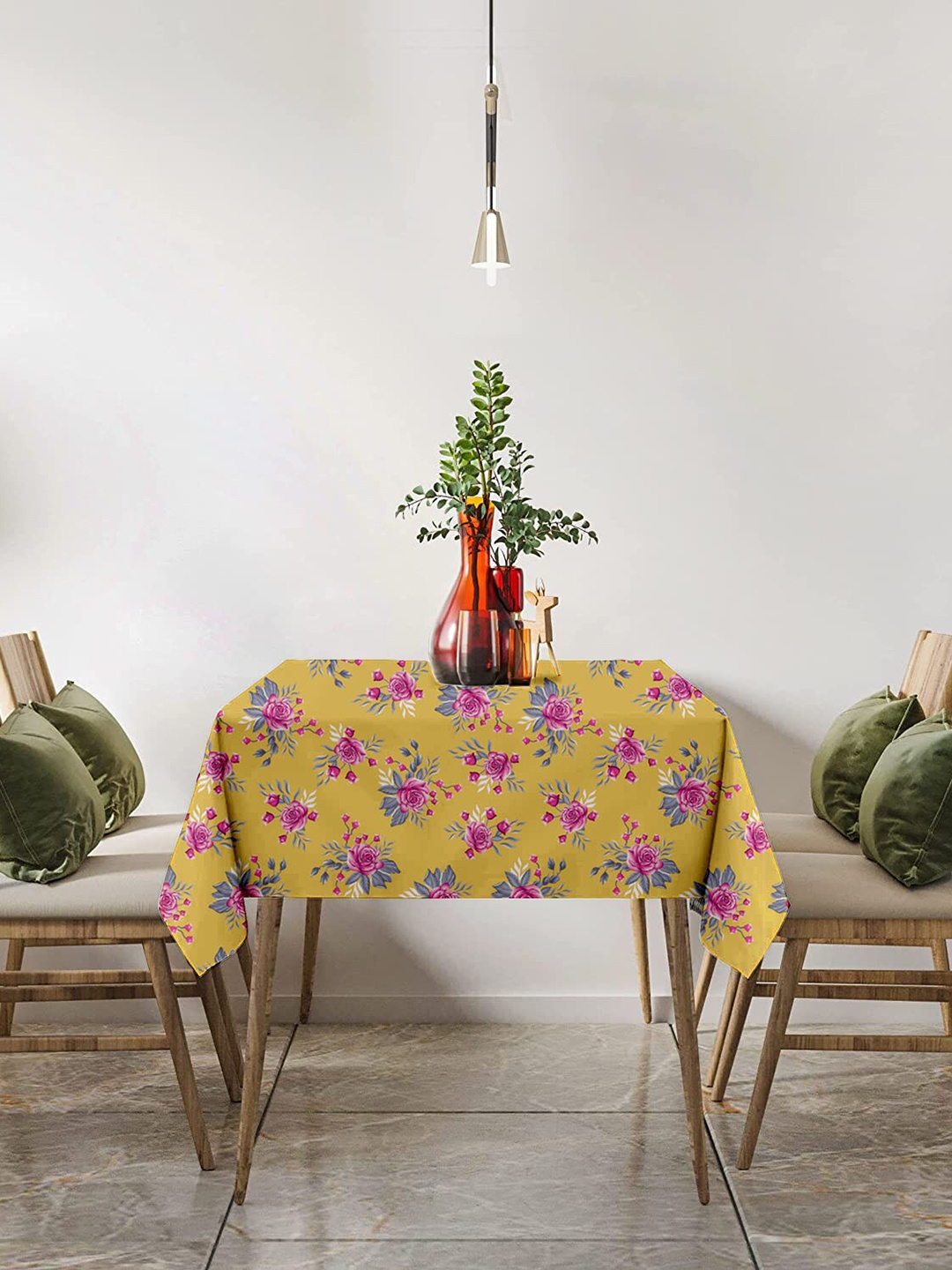 Lushomes Yellow & Pink Floral Printed 4-Seater Rectangular Table Cover