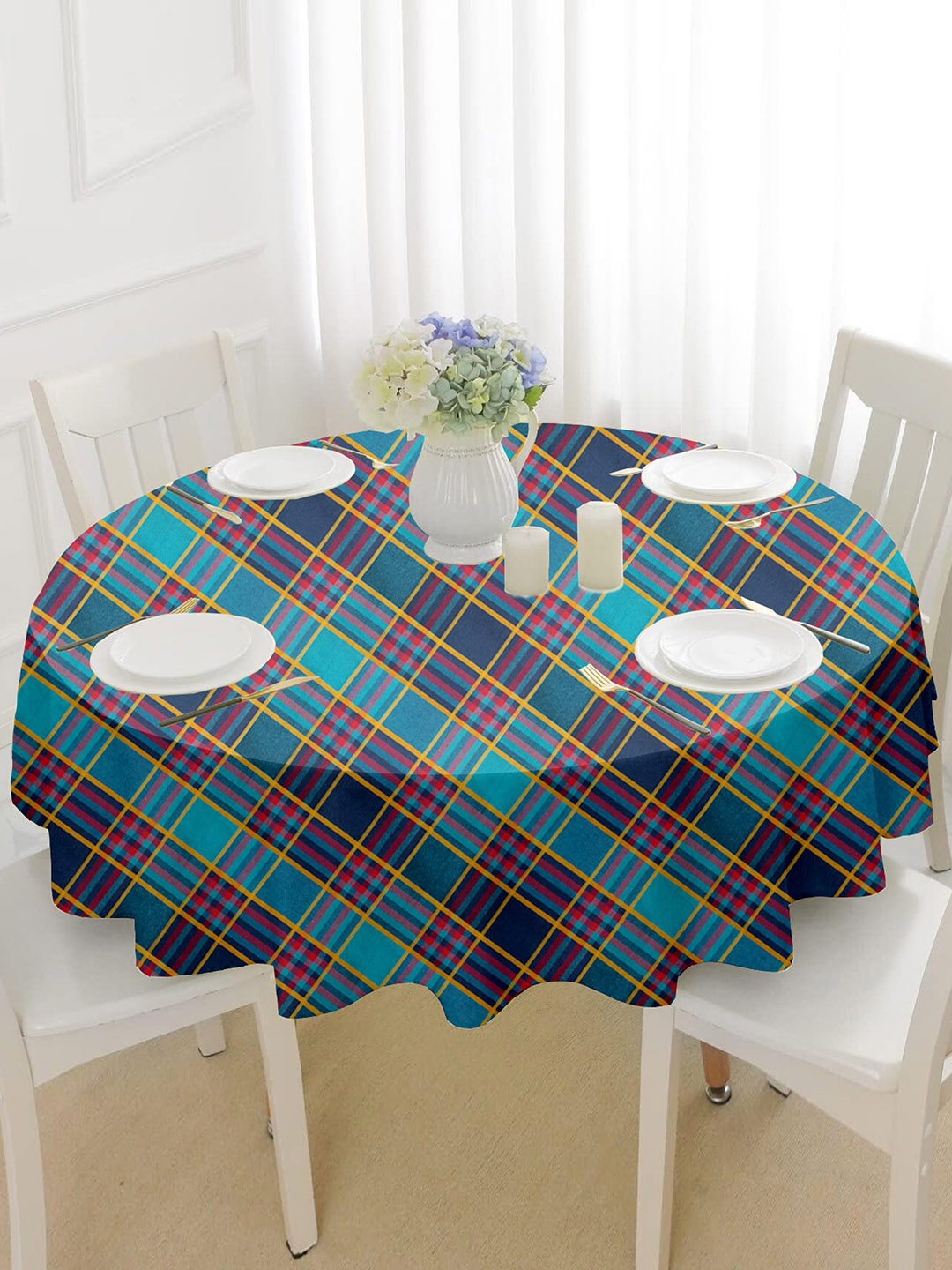 Lushomes Green & Blue Checked Round Table Cover