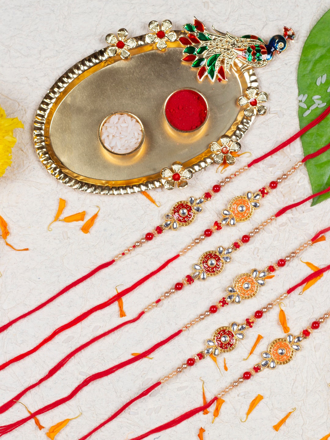AccessHer Set Of 6 Stone Studded & Beaded Thread Rakhis, Gold