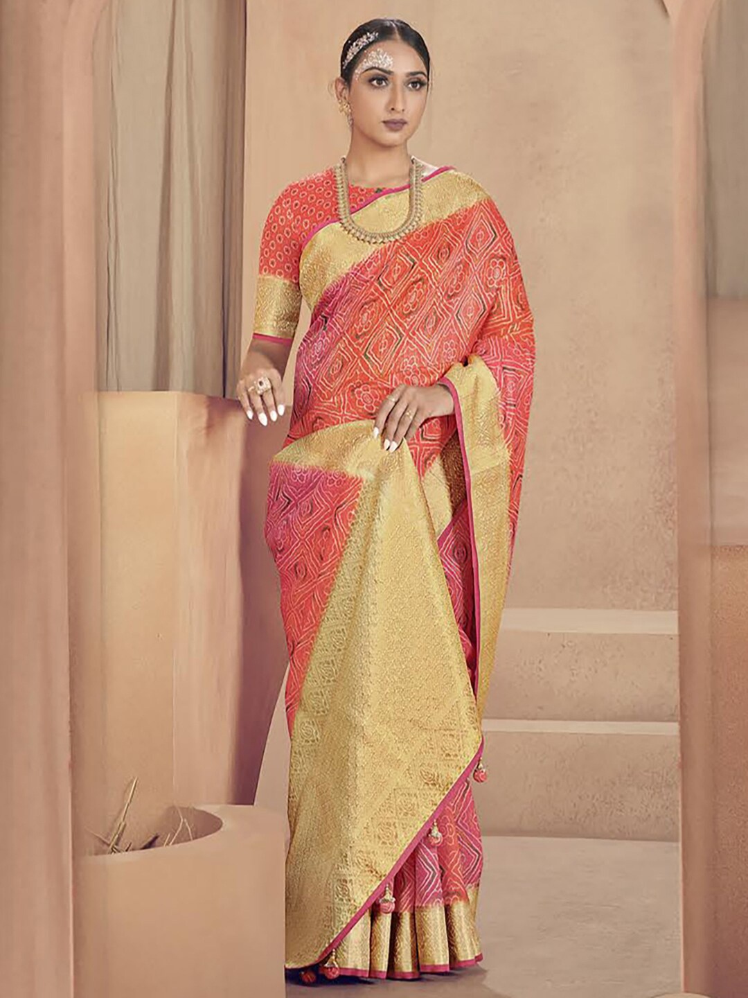Anouk Bandhani Printed Zari Silk Blend Bandhani Saree, Orange