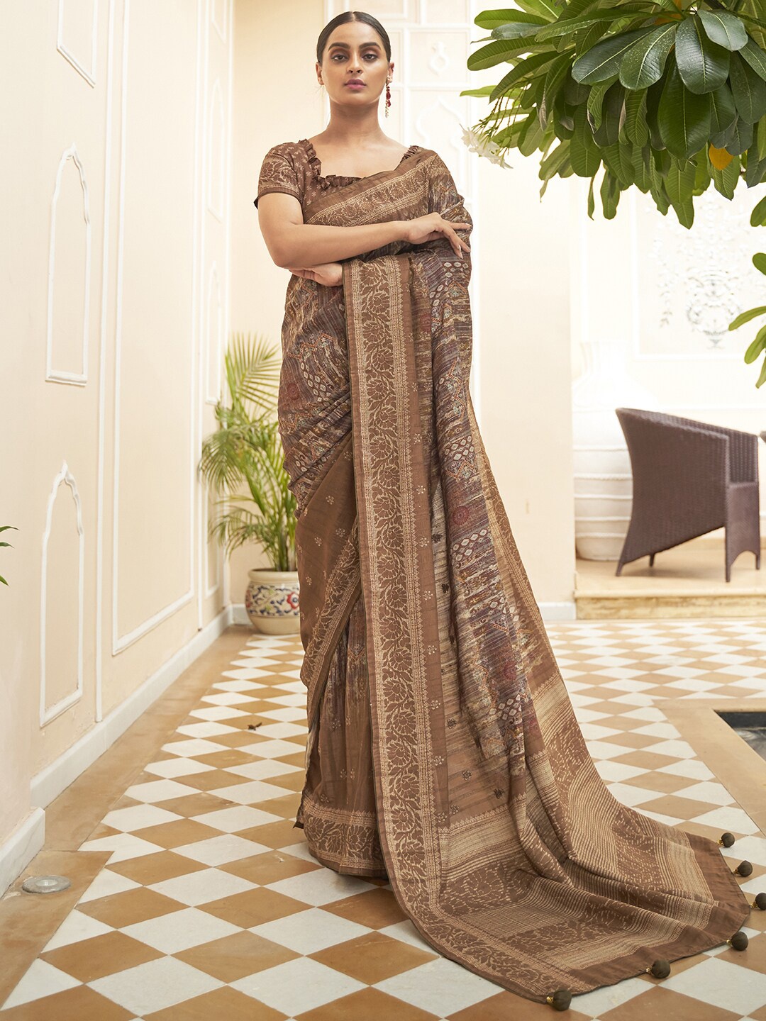 Anouk Embroidered Silk Blend Saree, Brown