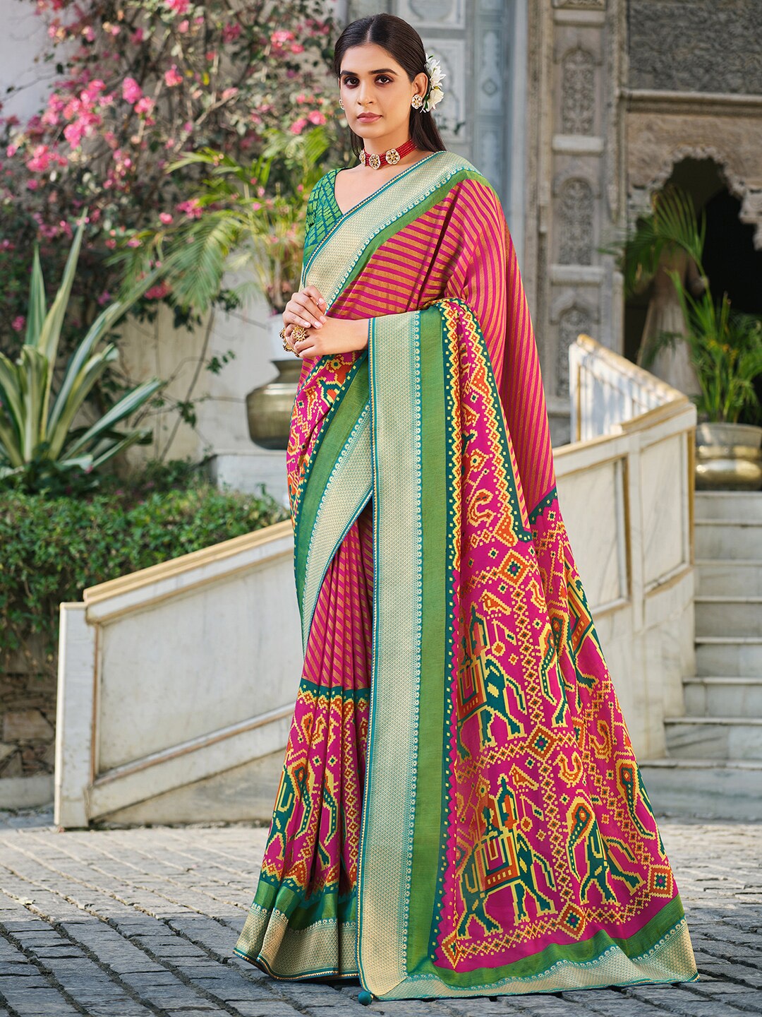 Anouk Ethnic Motifs Zari Pure Georgette Patola Saree, Pink