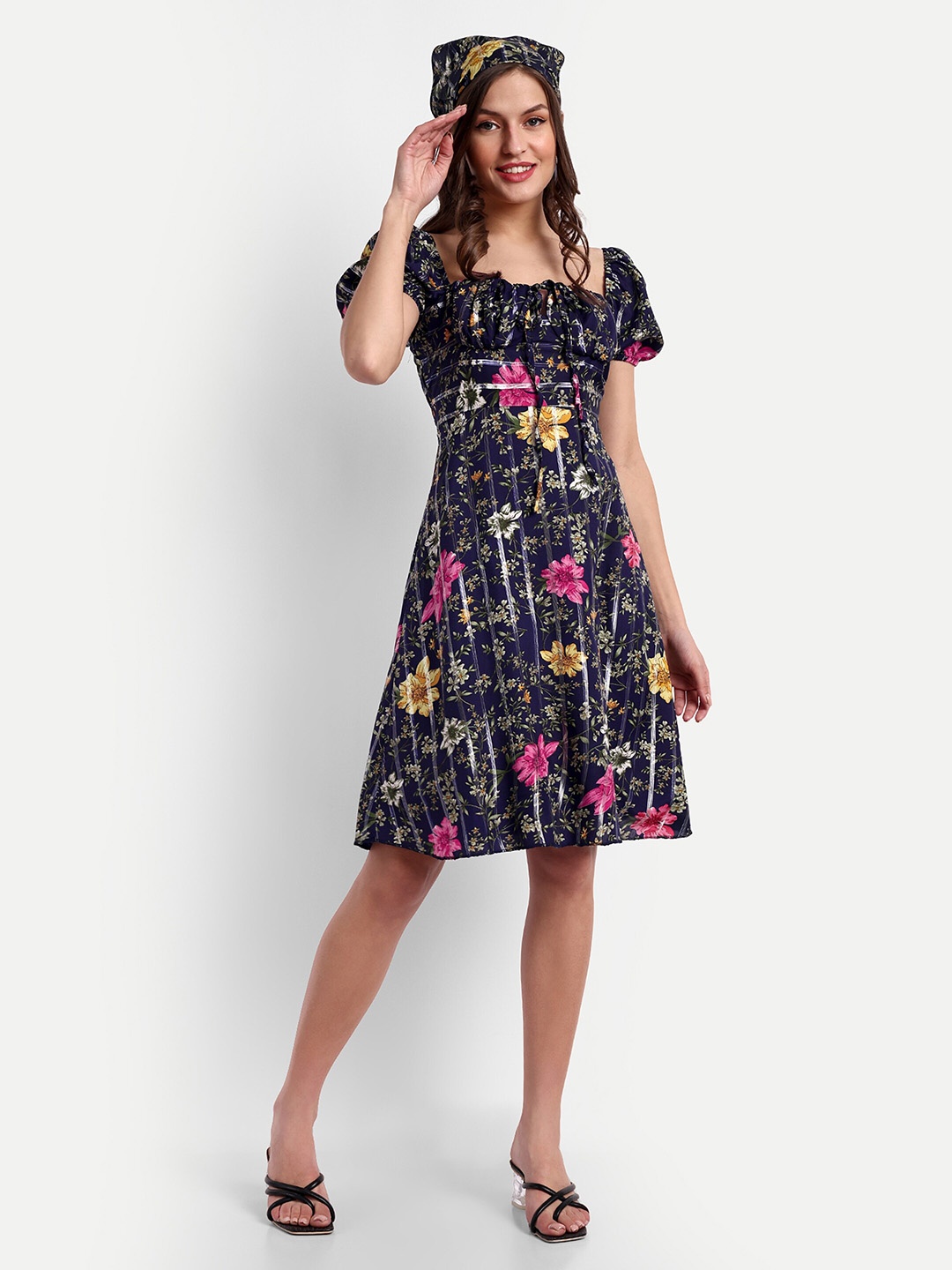 ESSQUE Floral Printed Puff Sleeves Fit & Flare Dress, Blue