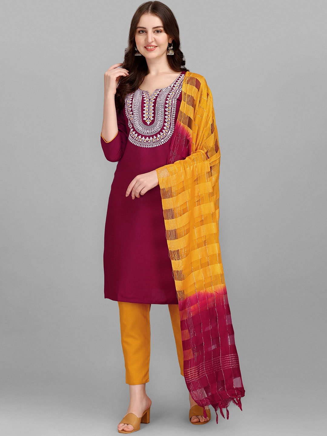KALINI Ethnic Motifs Yoke Design Thread Work Kurta With Trousers & With Dupatta, Magenta
KALINI Ethnic Motifs Yoke Design Thread Work Kurta With Trousers & With Dupatta, Magenta