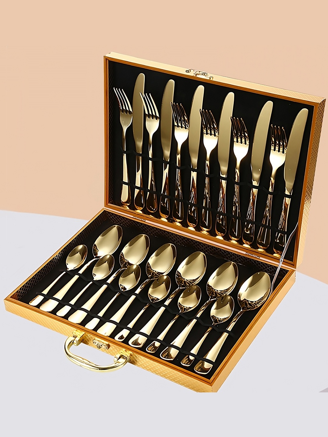 BonZeaL Teal 24 Pieces Mirror Finish Stainless Steel Luxury Cutlery Set With Gifting Box, Gold
BonZeaL Teal 24 Pieces Mirror Finish Stainless Steel Luxury Cutlery Set With Gifting Box, Gold
