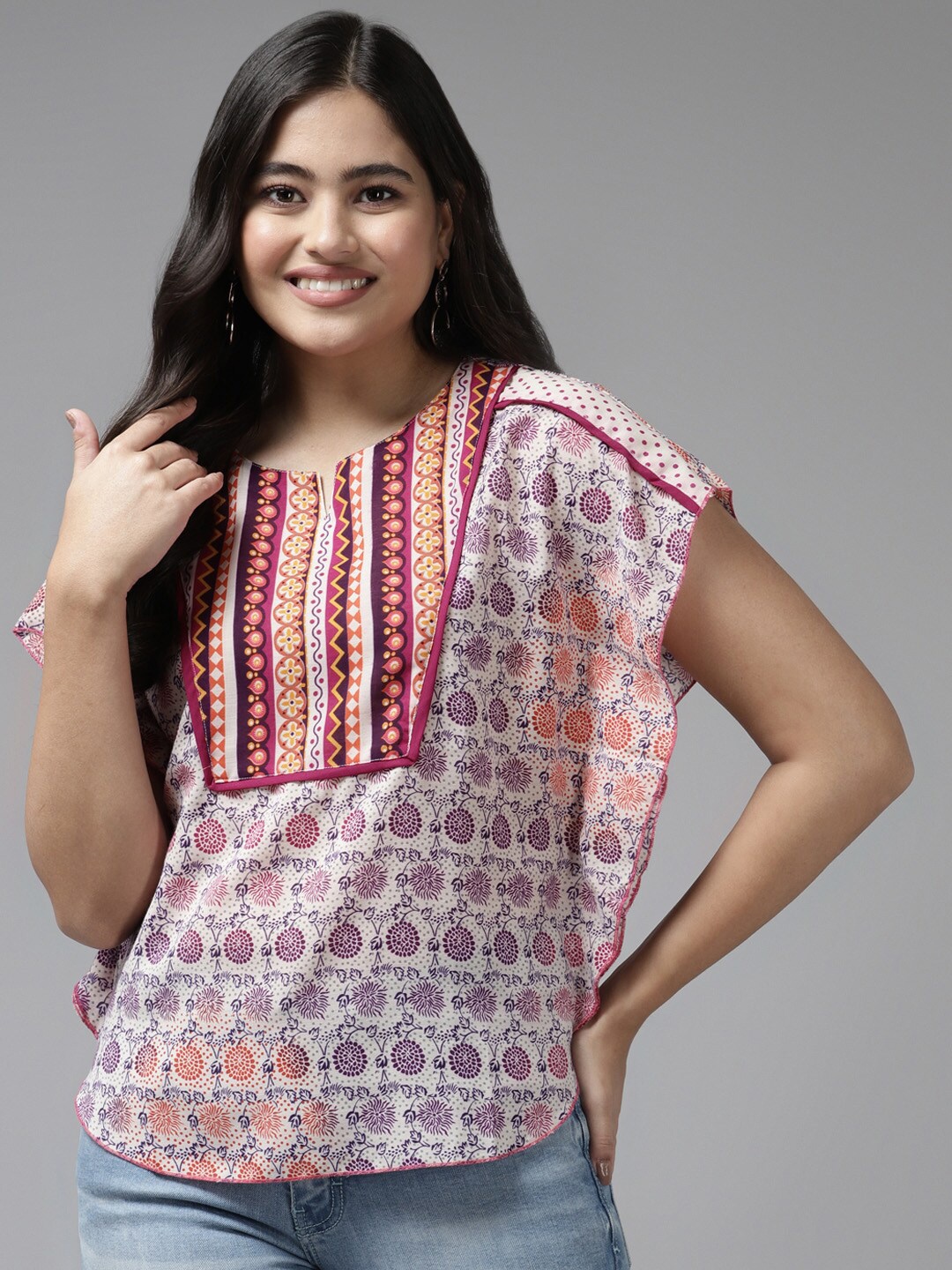 BAESD Ethnic Print Batwing Sleeve Kaftan Top, Red