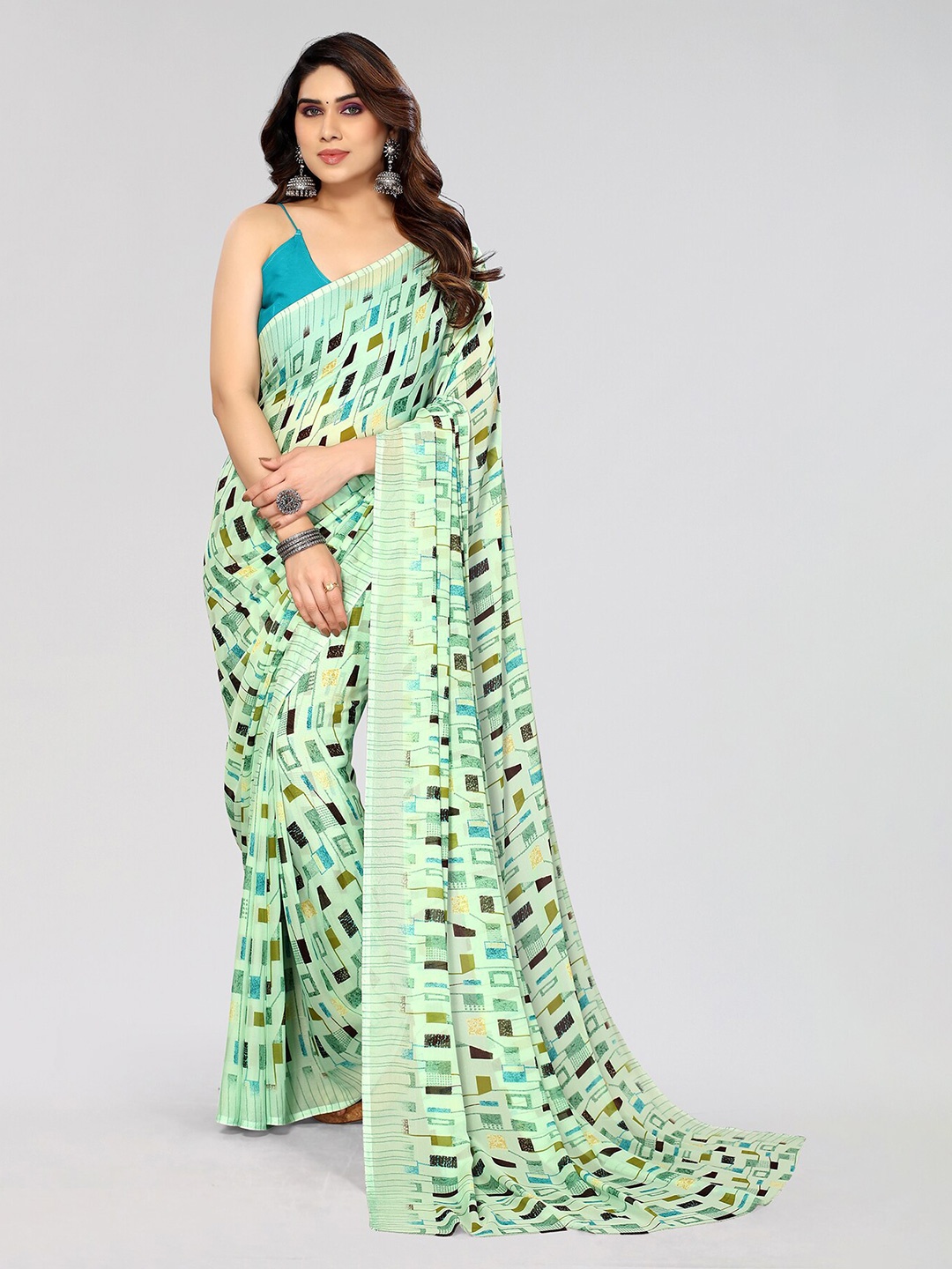 ANAND SAREES Geoemtric Printed Pure Georgette Saree, Green
