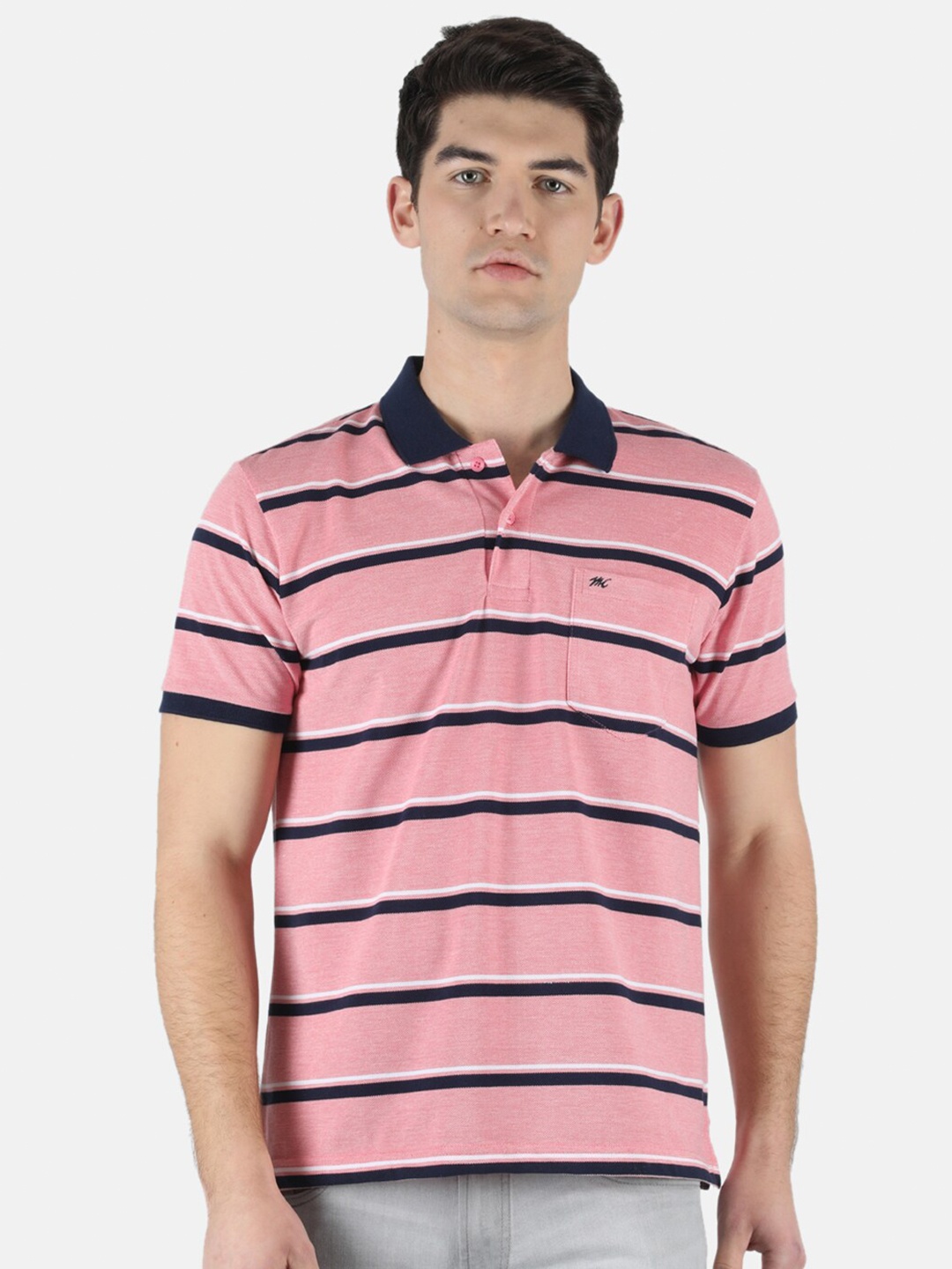 Monte Carlo Striped Polo Collar Cotton T-shirt, Pink