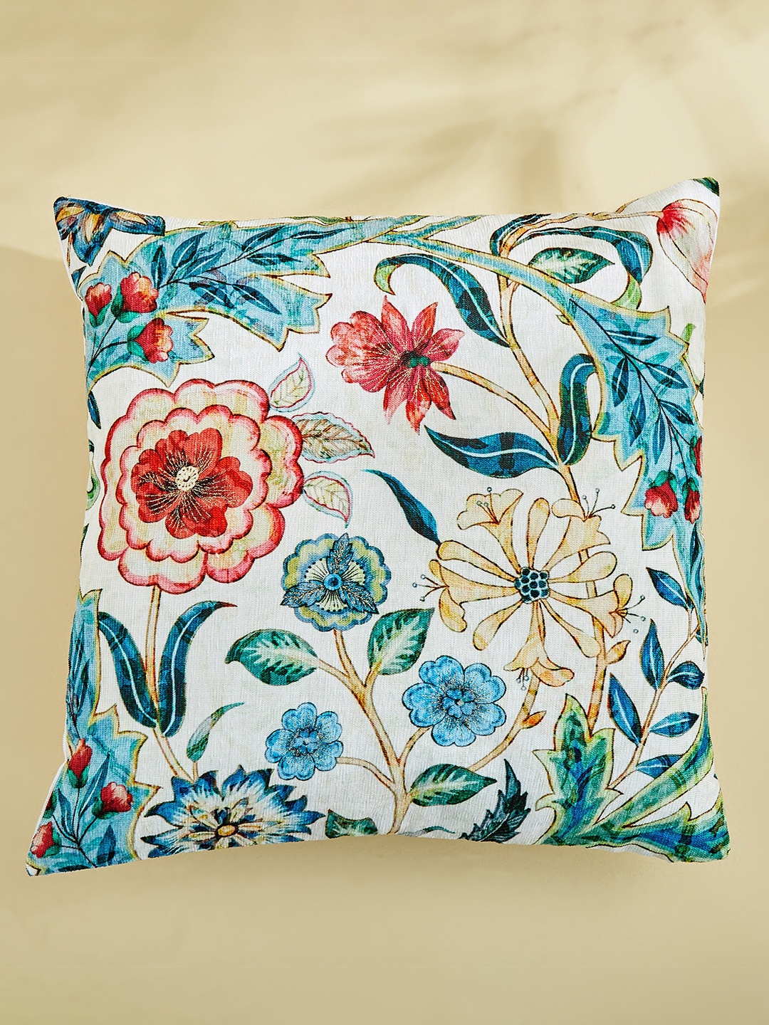 Home Centre Velour White & Blue Floral Square Cushion Cover