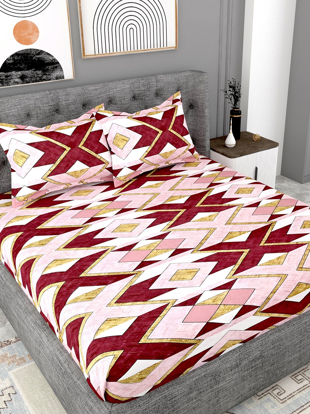 Lali Prints Pink & Maroon Geometric Cotton 180 TC King Bedsheet with 2 Pillow Covers
Lali Prints Pink & Maroon Geometric Cotton 180 TC King Bedsheet with 2 Pillow Covers