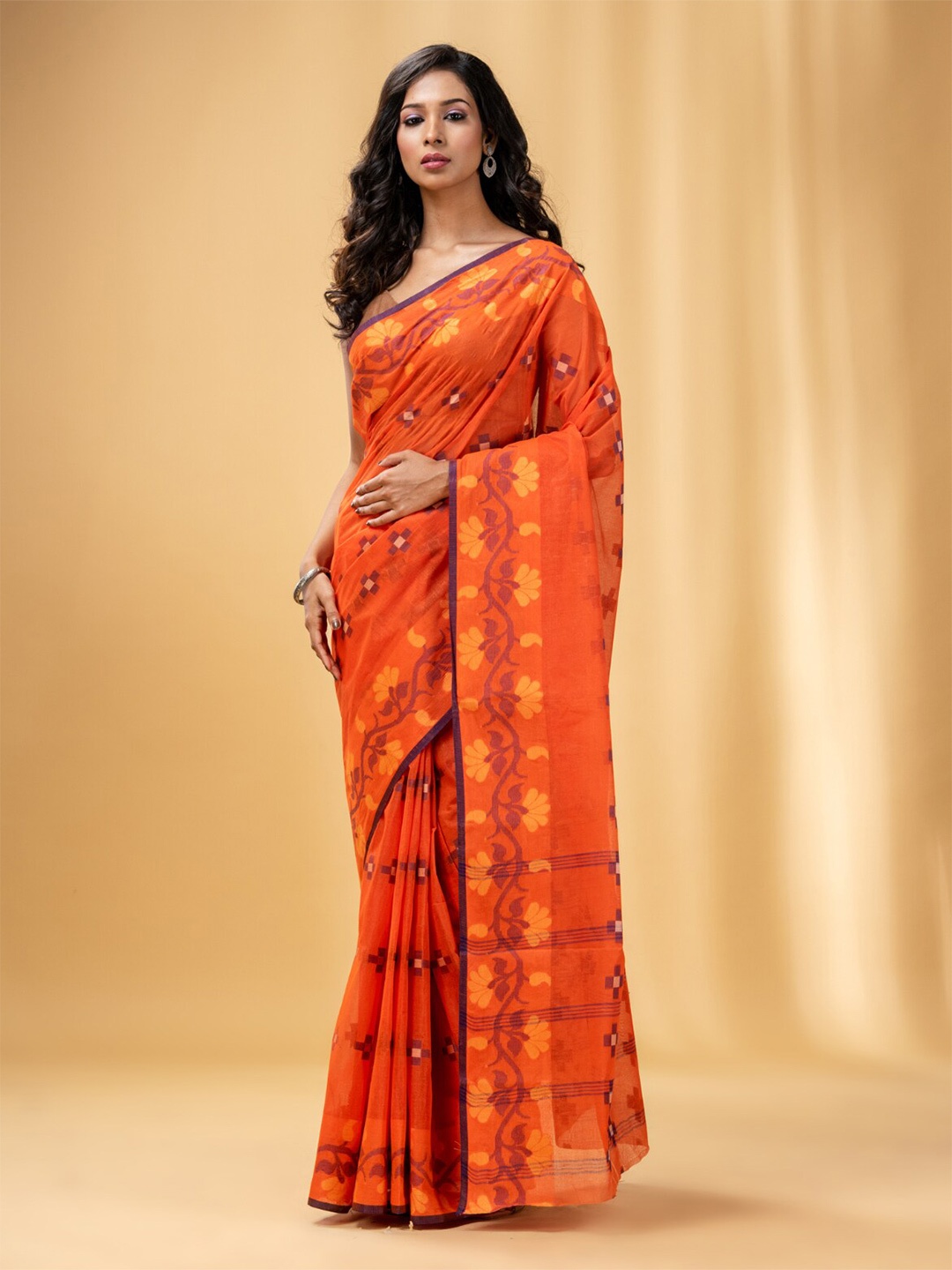 Charukriti Ethnic Motifs Woven Design Pure Cotton Taant Saree, Orange