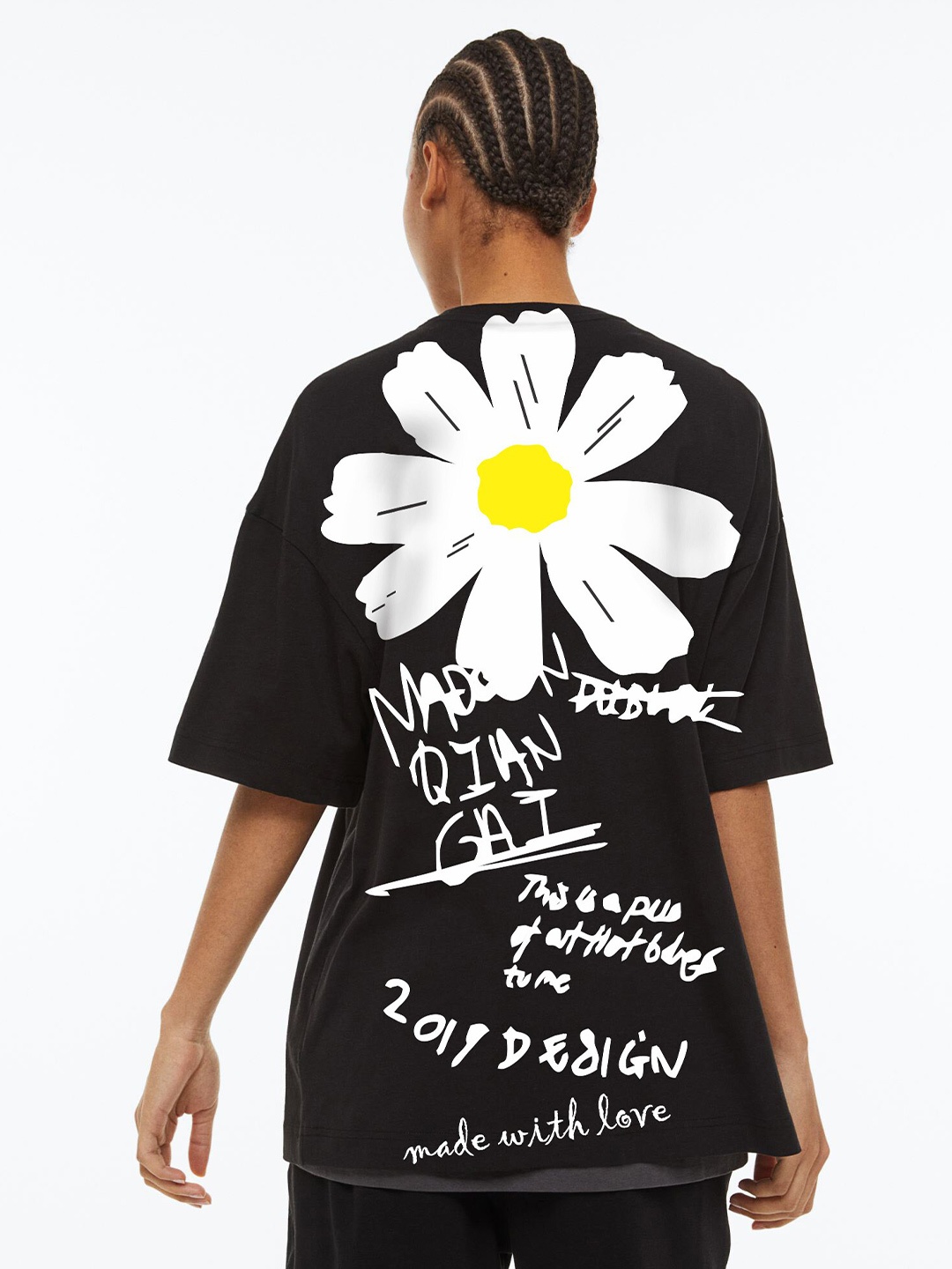 Manaca Floral Printed Oversized Pure Cotton T-shirt, Black