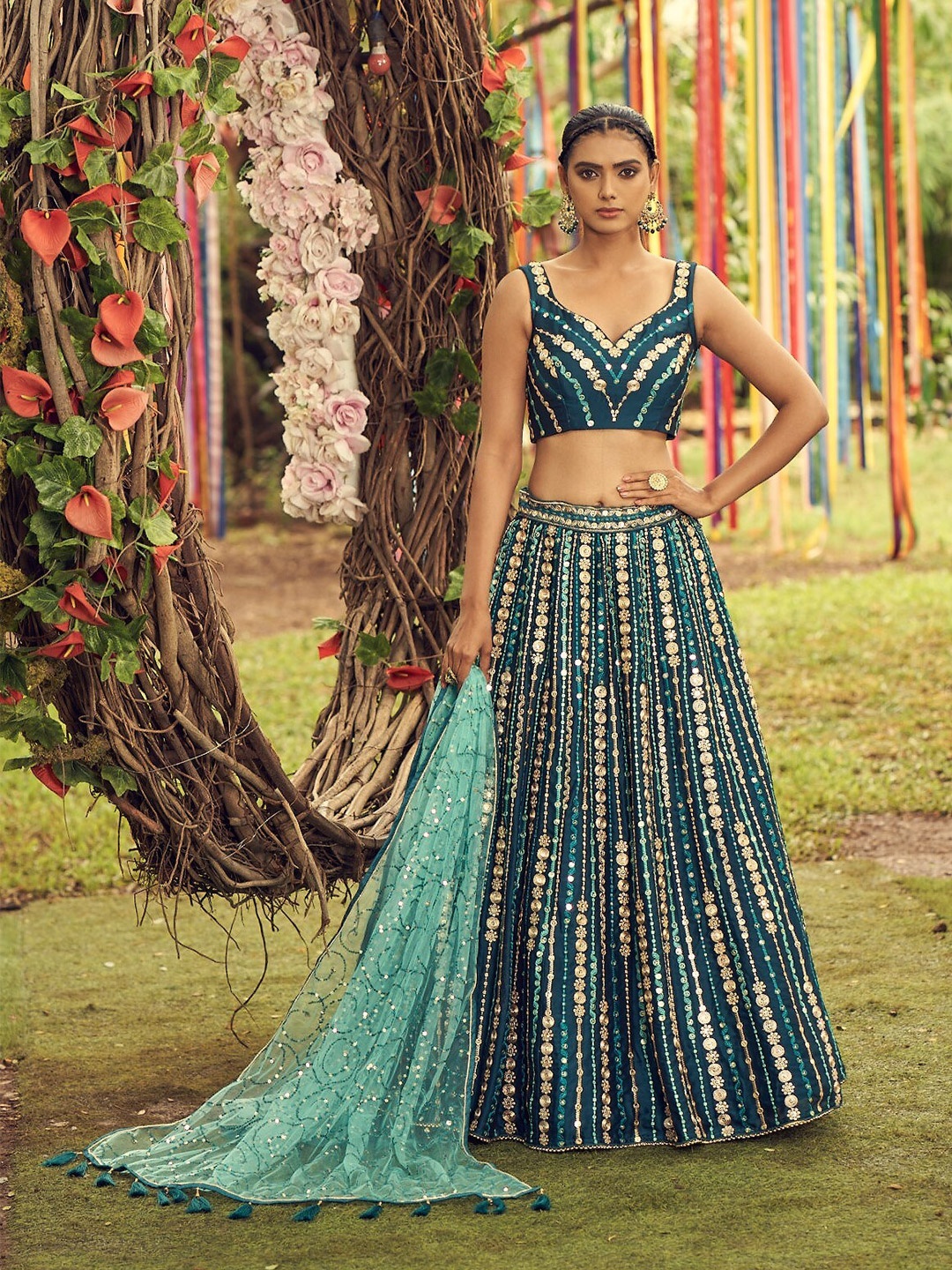 panchhi Embroidered Sequinned Semi-Stitched Lehenga & Unstitched Blouse With Dupatta, Teal
panchhi Embroidered Sequinned Semi-Stitched Lehenga & Unstitched Blouse With Dupatta, Teal