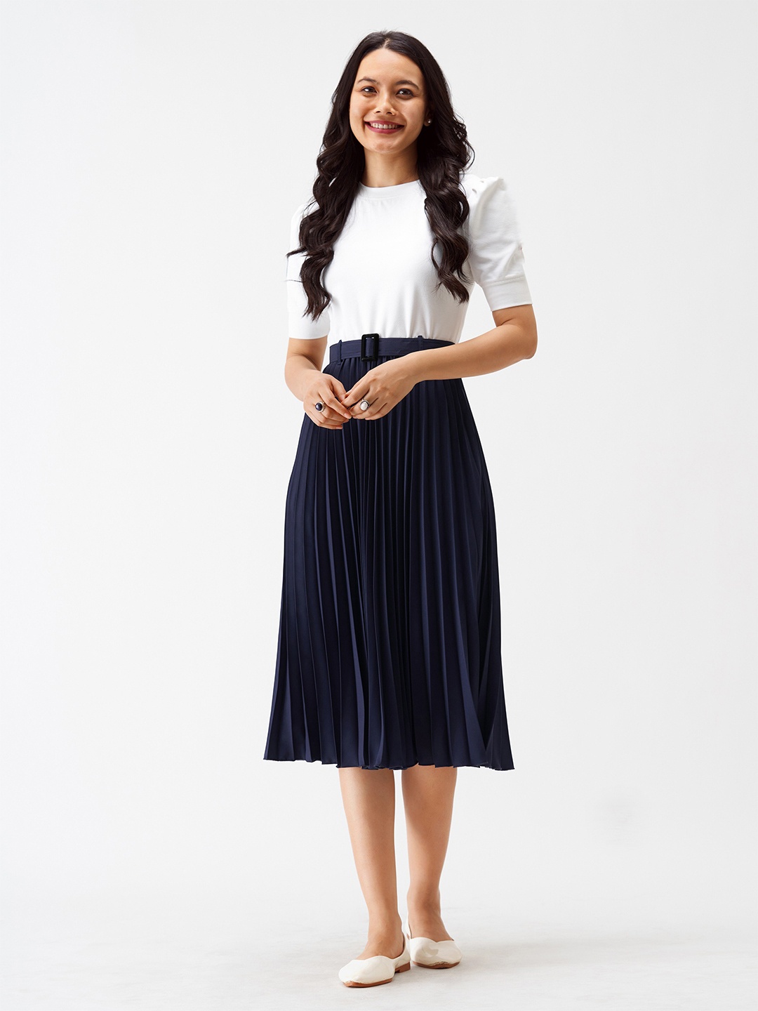 Paralians Waist Belt With Pleated Fit & Flare Midi Dress, Blue