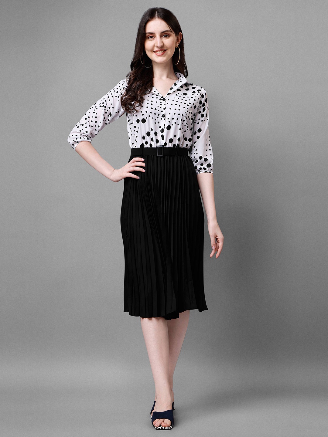 Paralians Polka Dots Printed Shirt Collar Crepe Fit & Flare Midi Dress, White