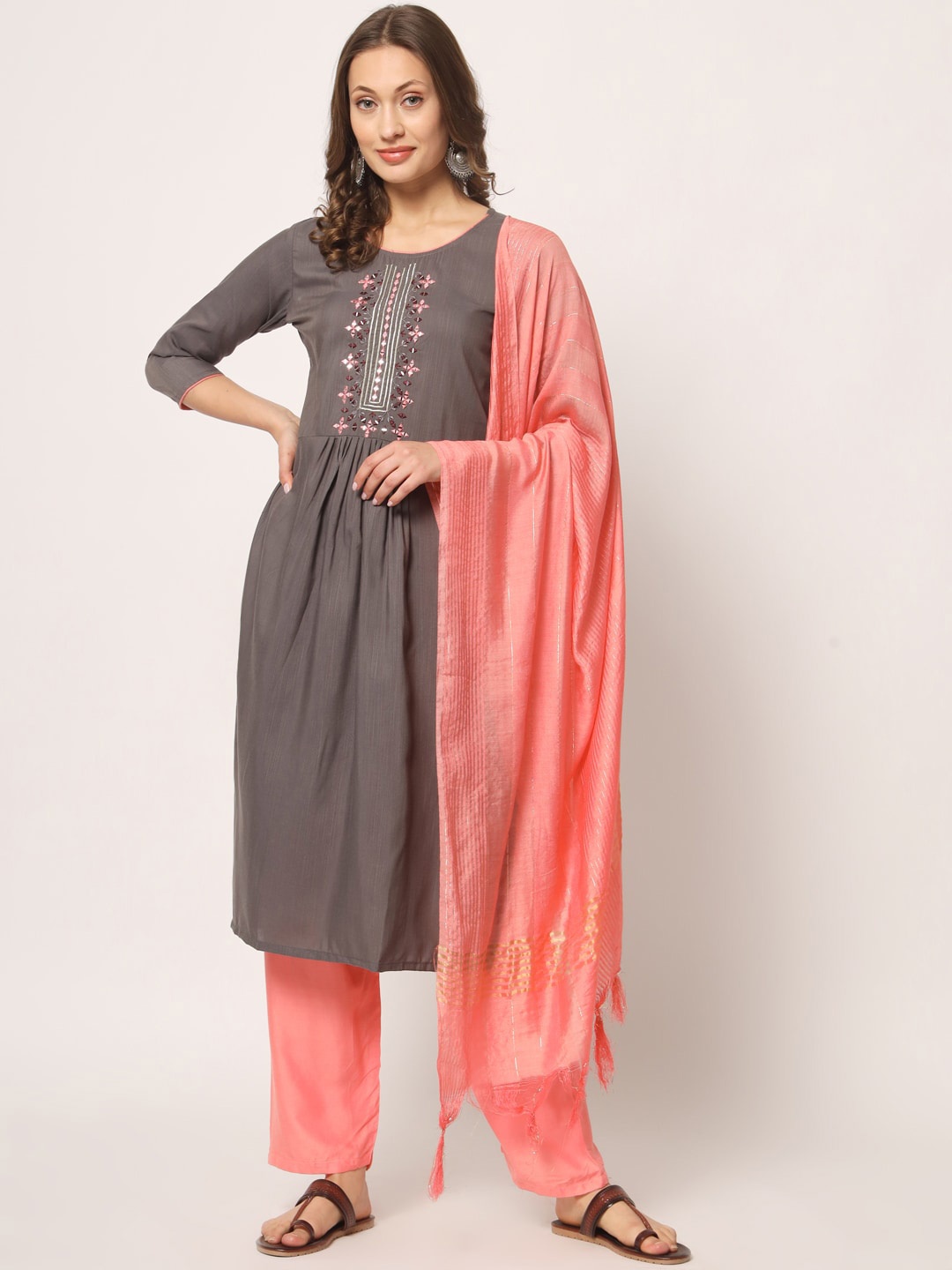 KALINI Ethnic Motifs Yoke Design Pleated Thread Work Kurta With Palazzos & Dupatta, Grey
KALINI Ethnic Motifs Yoke Design Pleated Thread Work Kurta With Palazzos & Dupatta, Grey