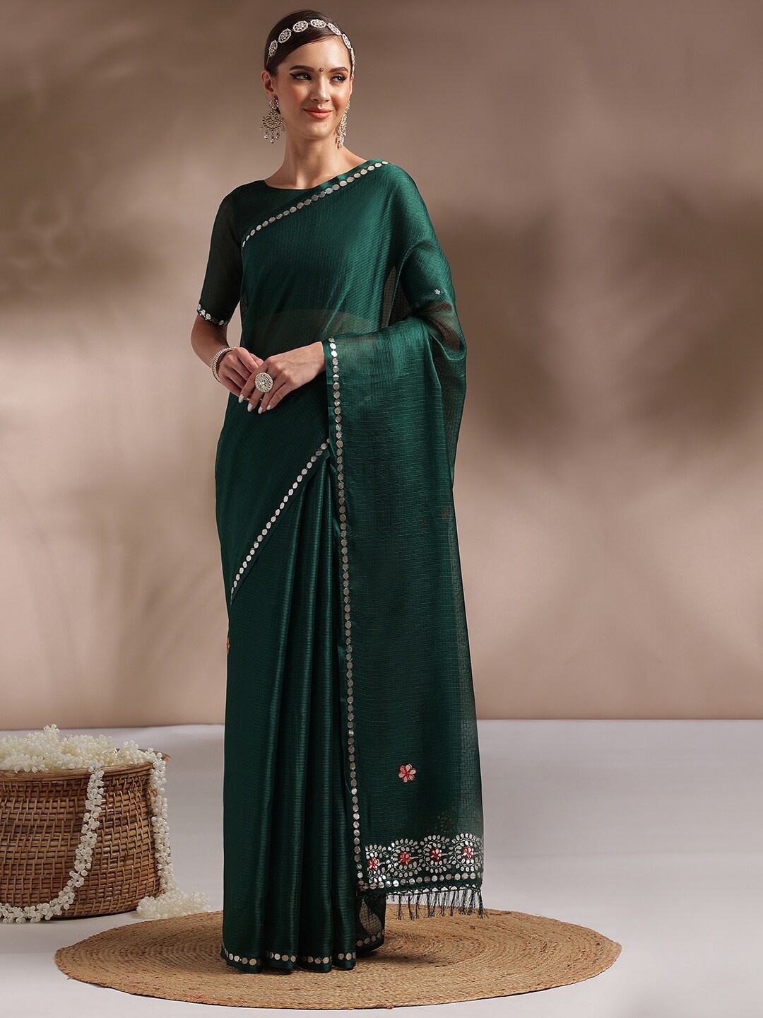 Saree mall Mirror Work Embellished Sarees, Green