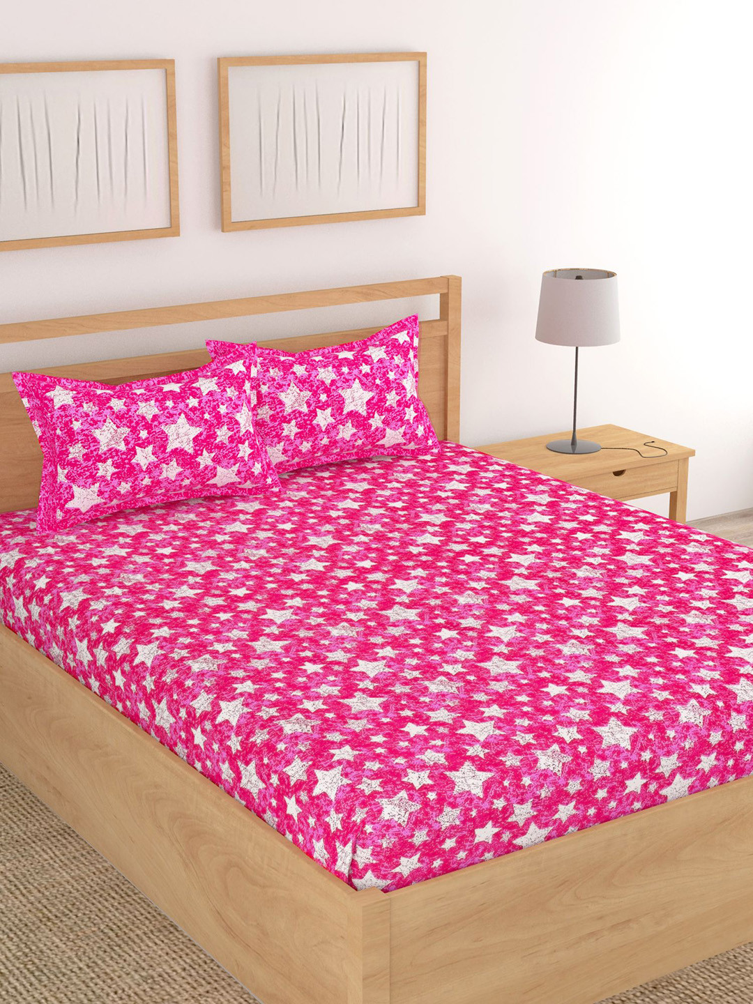 Lali Prints Pink & White Geometric Cotton 130 TC Queen Bedsheet with 2 Pillow Covers 
Lali Prints Pink & White Geometric Cotton 130 TC Queen Bedsheet with 2 Pillow Covers