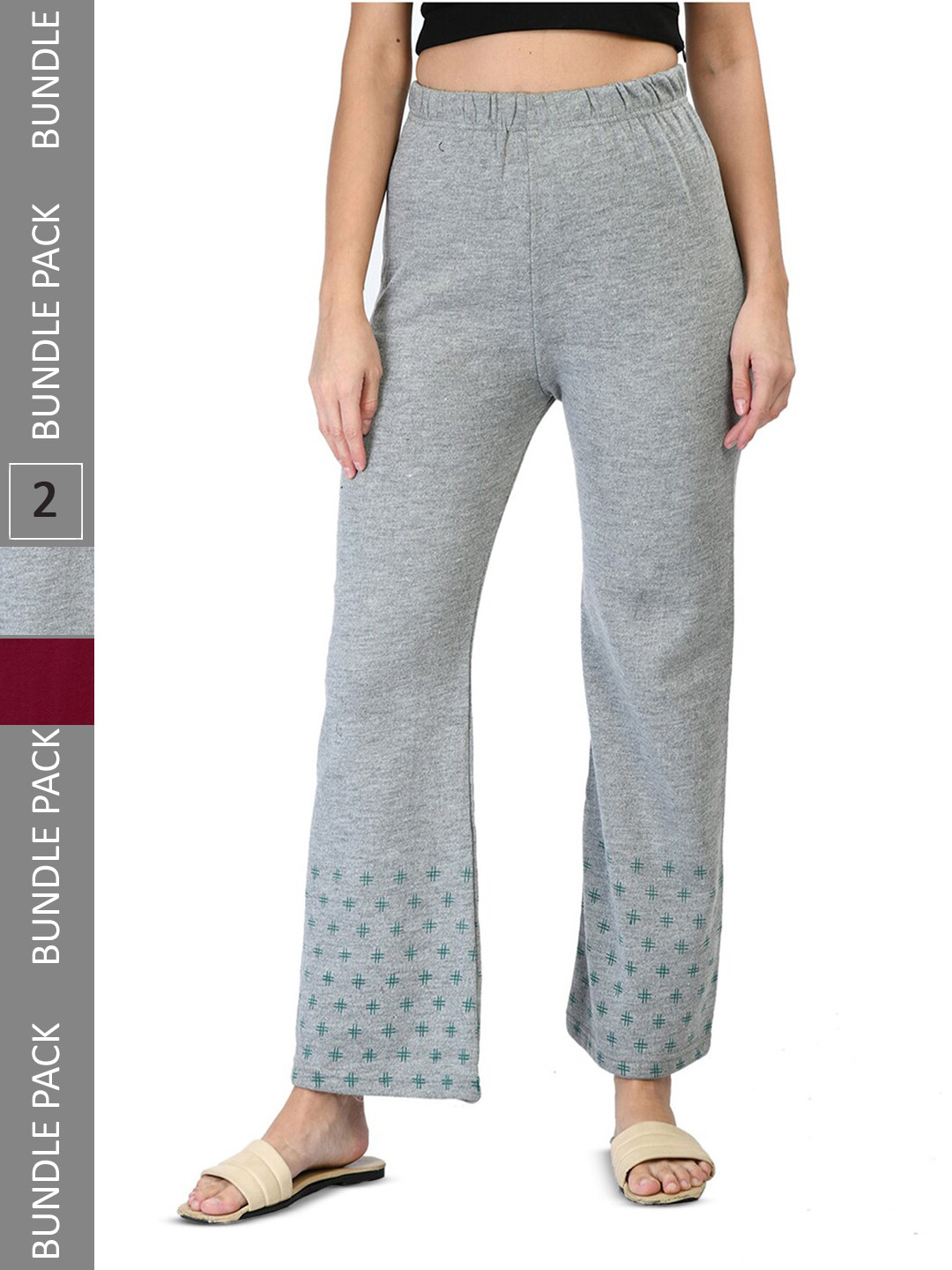 IndiWeaves Pack of 2 Printed Knitted Palazzos, Grey 
IndiWeaves Pack of 2 Printed Knitted Palazzos, Grey