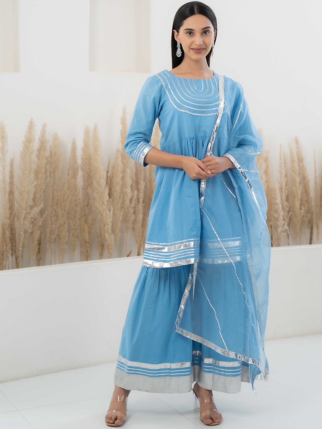 Myshka Gotta Patti Pure Cotton Kurta With Sharara & With Dupatta, Turquoise blue
Myshka Gotta Patti Pure Cotton Kurta With Sharara & With Dupatta, Turquoise blue