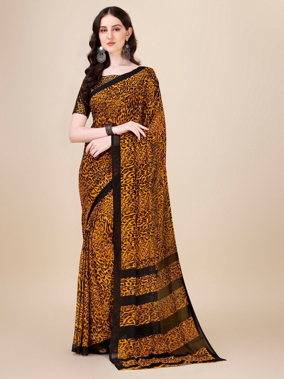 Dori Animal Printed Poly Georgette Saree, Brown