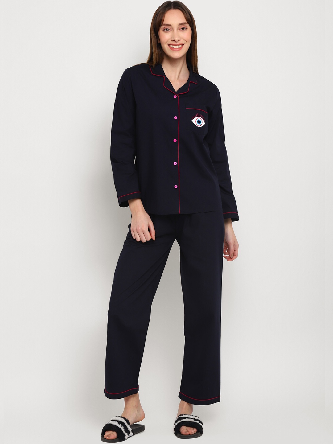 shopbloom Women Evil Eye Embroidered Pure Cotton Lapel Collar Shirt & Pyjamas, Navy blue
shopbloom Women Evil Eye Embroidered Pure Cotton Lapel Collar Shirt & Pyjamas, Navy blue
