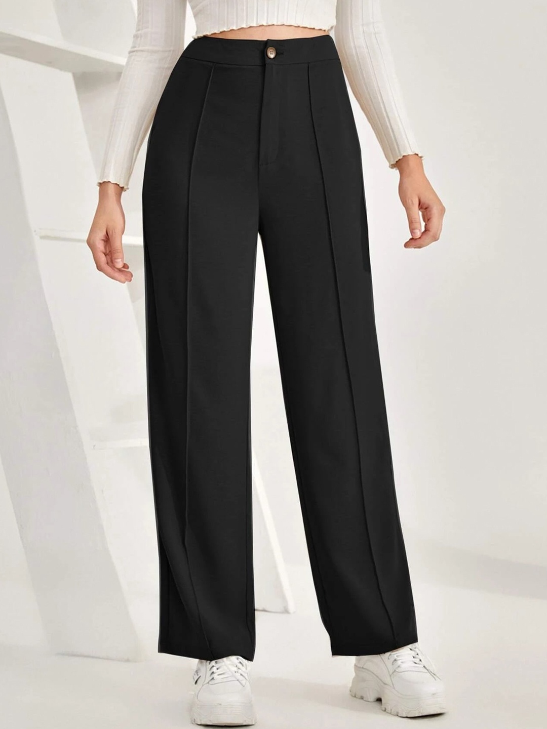 SHEETAL Associates Women Norma Straight Fit High-Rise Easy Wash Parallel Trousers, Black
SHEETAL Associates Women Norma Straight Fit High-Rise Easy Wash Parallel Trousers, Black