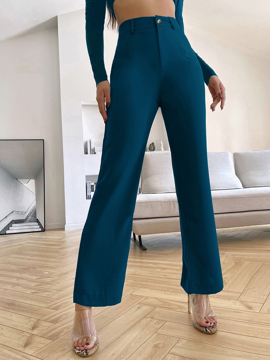 SHEETAL Associates Women Norma Straight Fit High-Rise Easy Wash Parallel Trousers, Teal
SHEETAL Associates Women Norma Straight Fit High-Rise Easy Wash Parallel Trousers, Teal