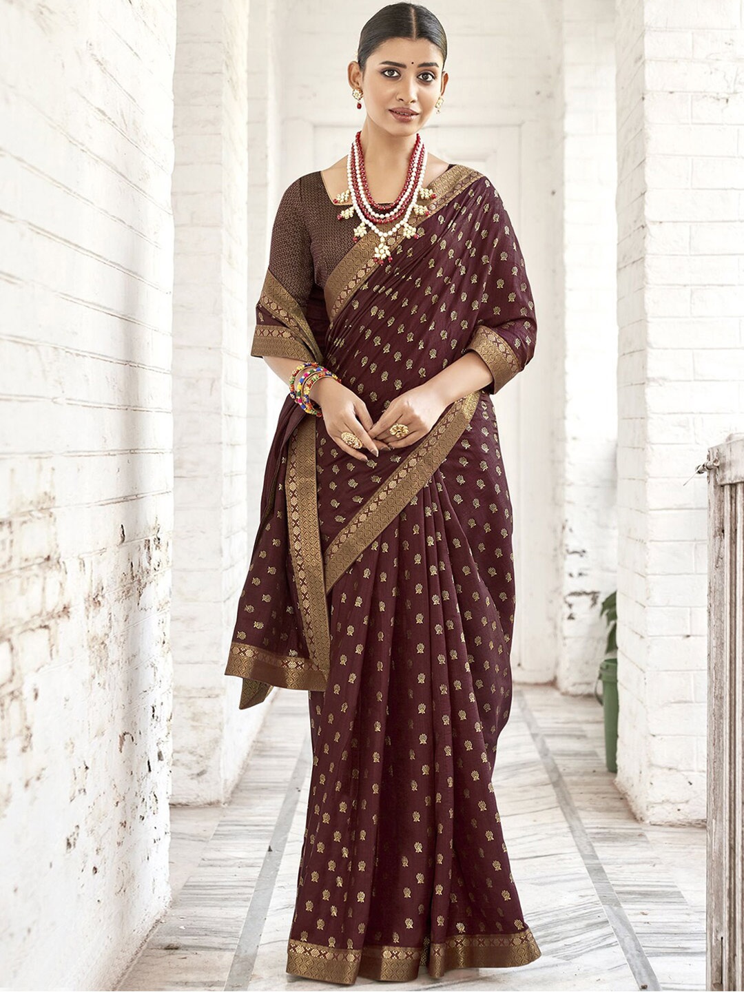 Satrani Floral Printed Zari Saree, Maroon