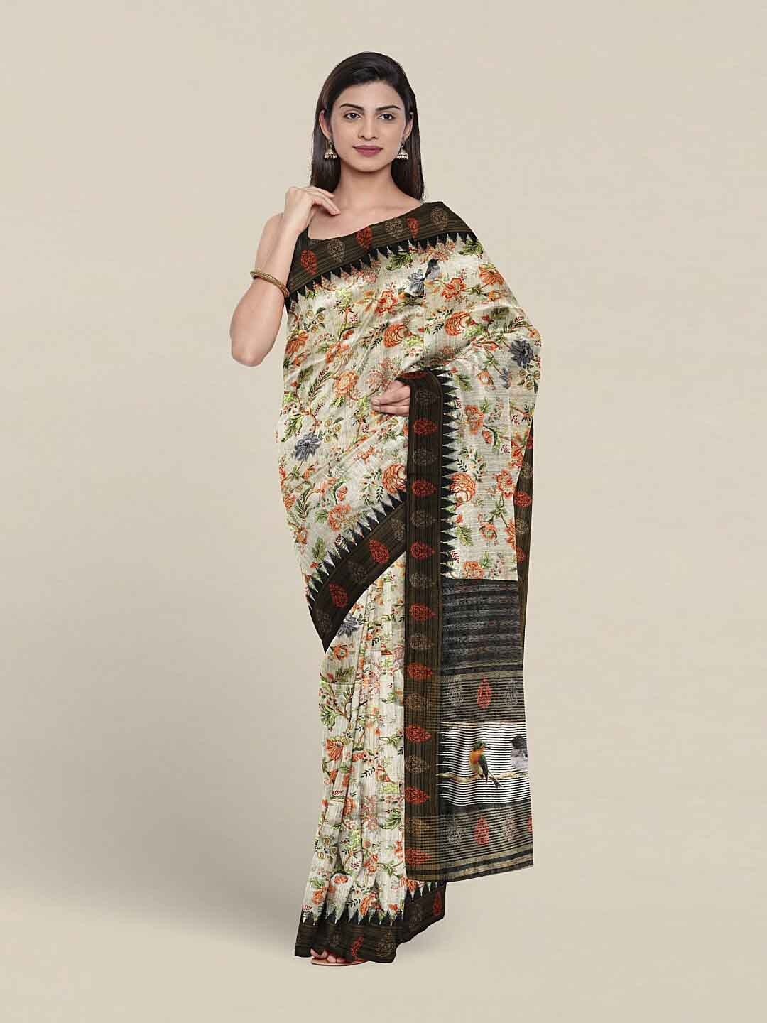 Pothys Floral Printed Jute Silk Saree, Cream