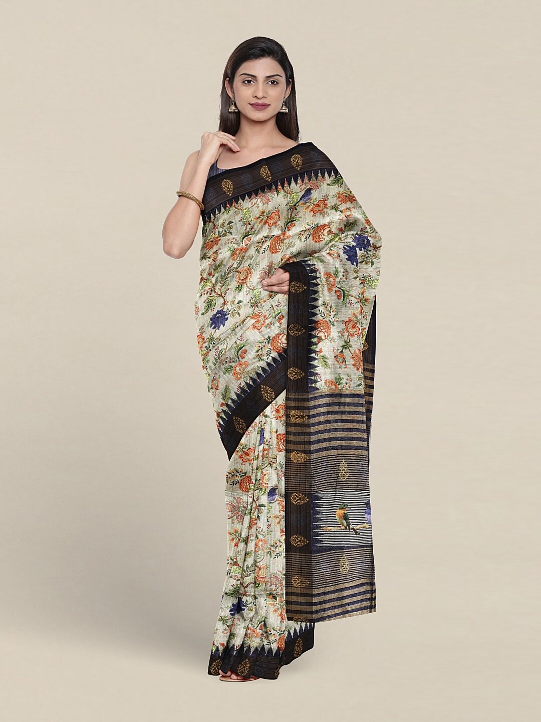 Pothys Floral Printed Jute Silk Saree, Cream