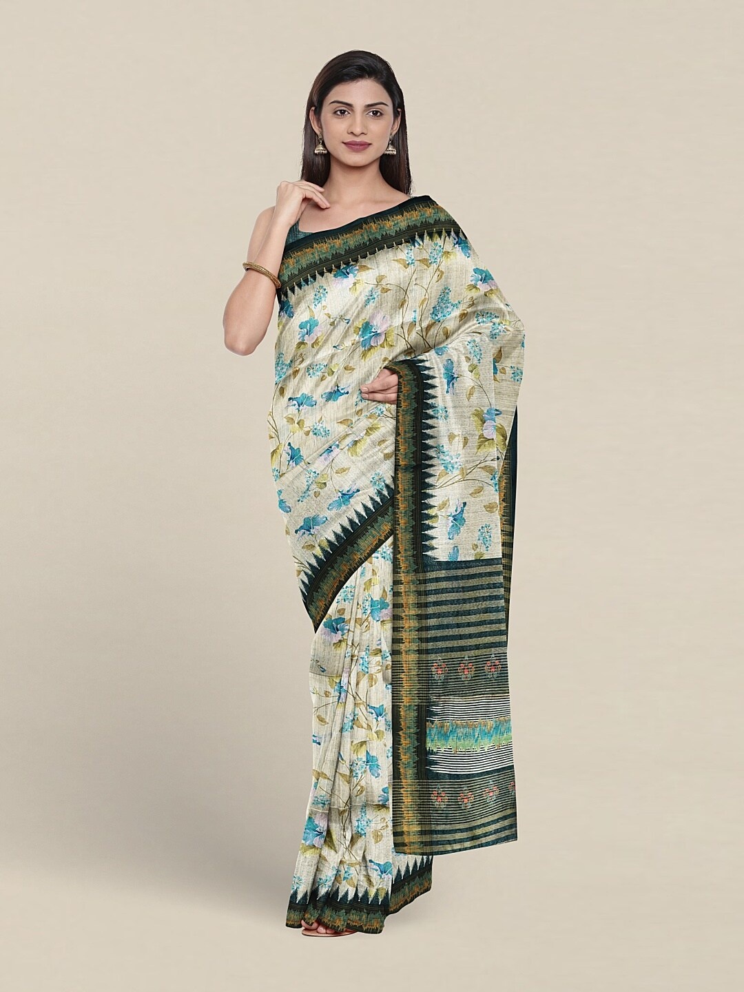 Pothys Floral Printed Jute Silk Saree, Green