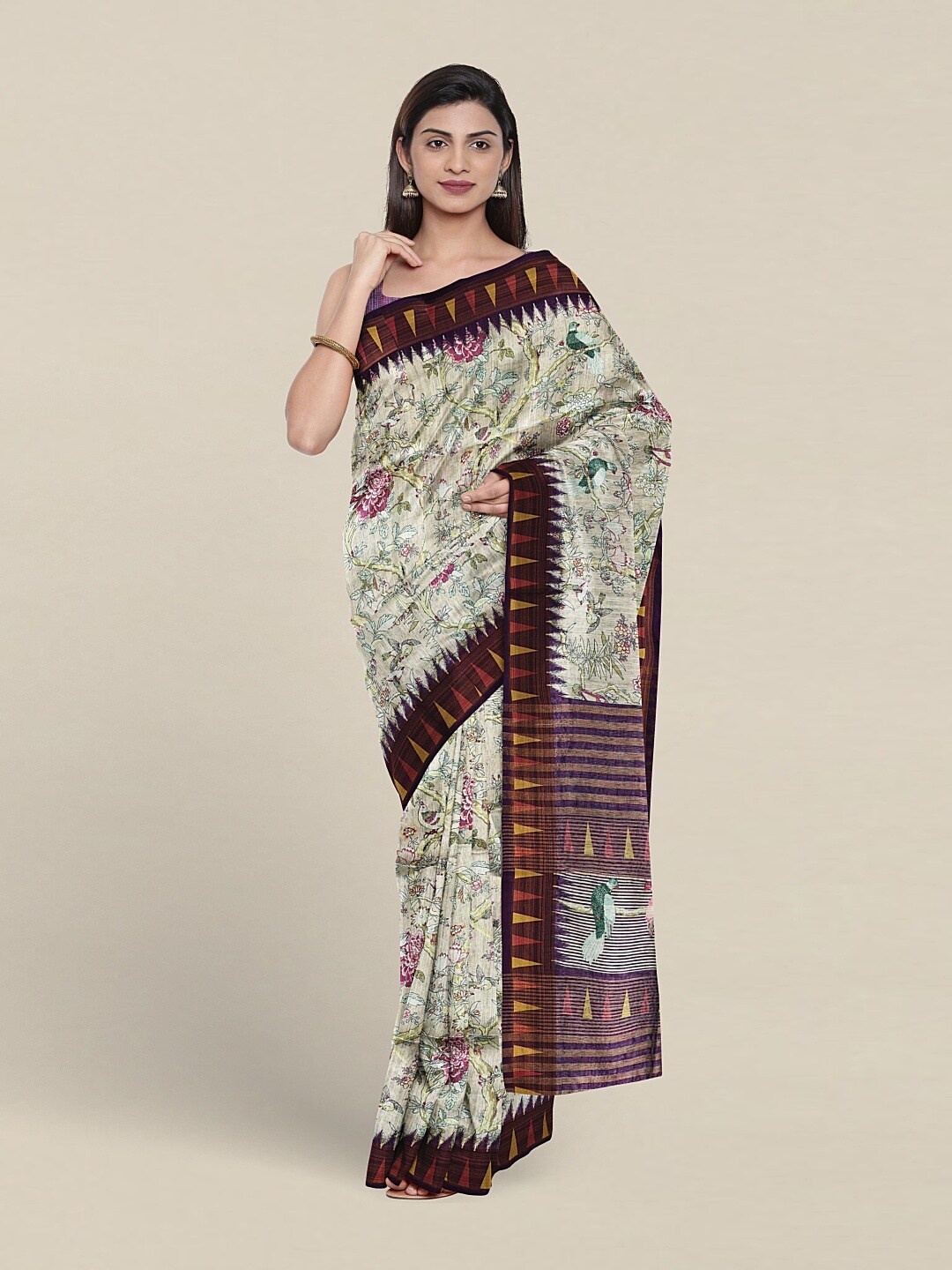 Pothys Floral Printed Jute Silk Saree, Brown
