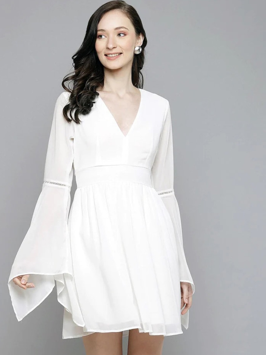 COLOR CAPITAL V-Neck Bell Sleeves Gathered Fit & Flare Dress, White
