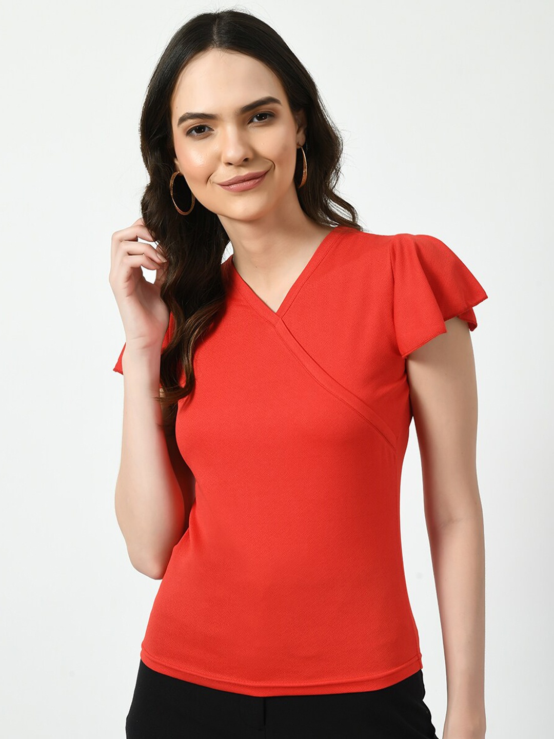 CLAFOUTIS Flutter Sleeve V-Neck Top, Red